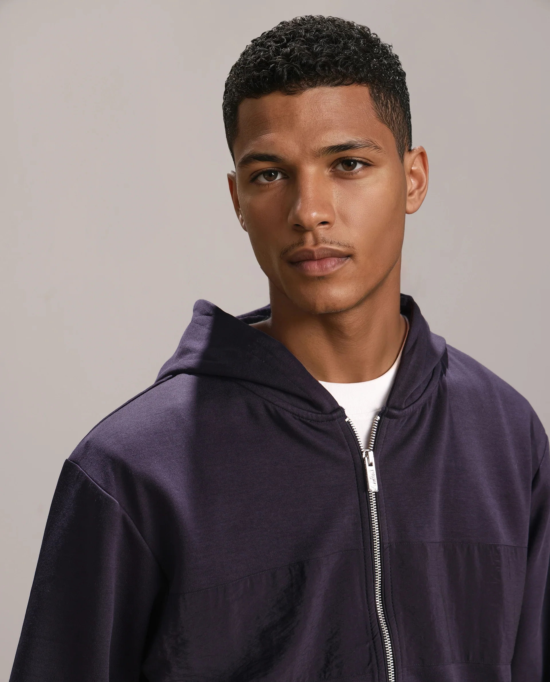 Rare Rabbit Men's Monct Navy Nylon Cut And Sew Regular Fit Full Sleeve Hooded Sweatshirt - Image 3