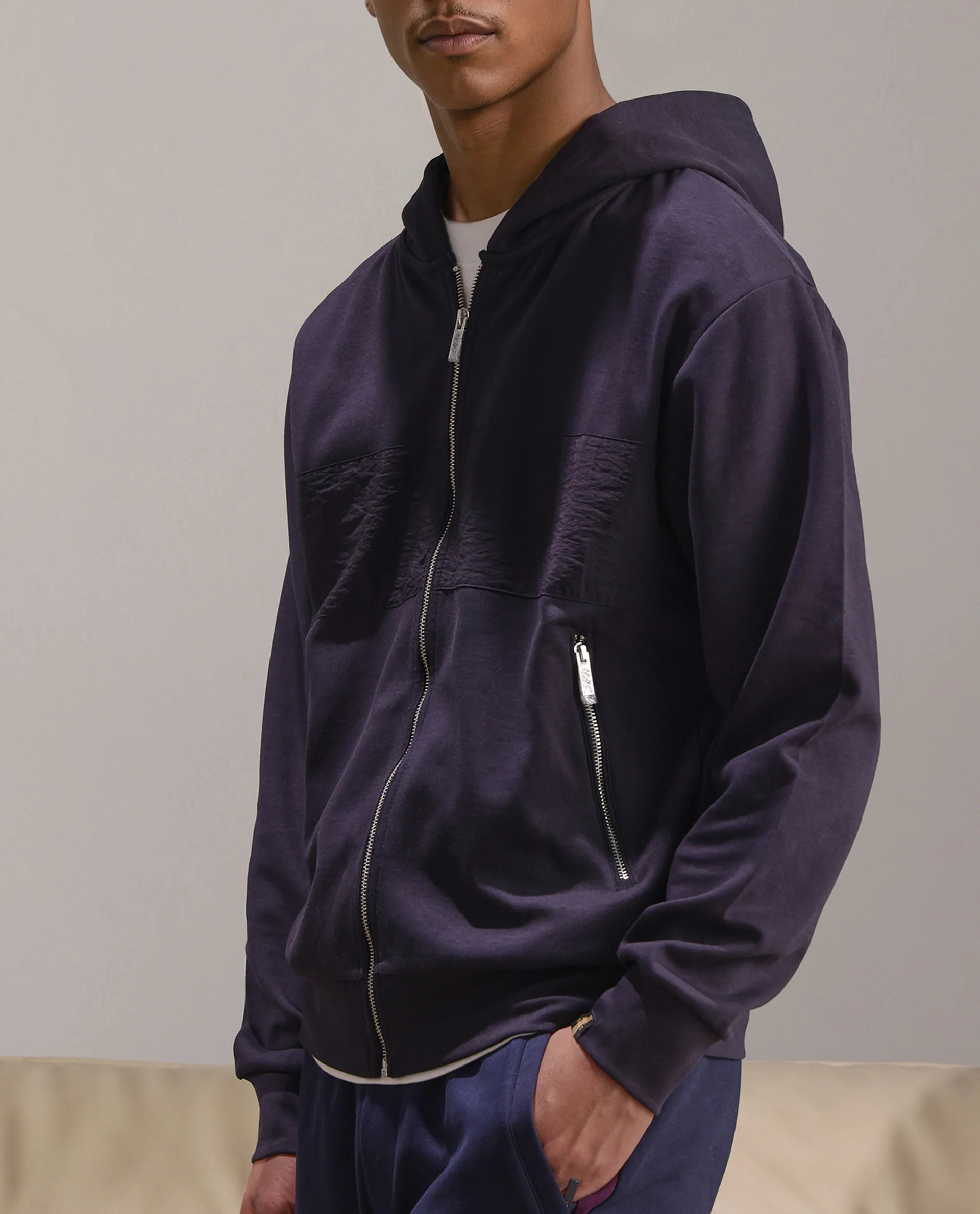 Rare Rabbit Men's Monct Navy Nylon Cut And Sew Regular Fit Full Sleeve Hooded Sweatshirt - Image 4