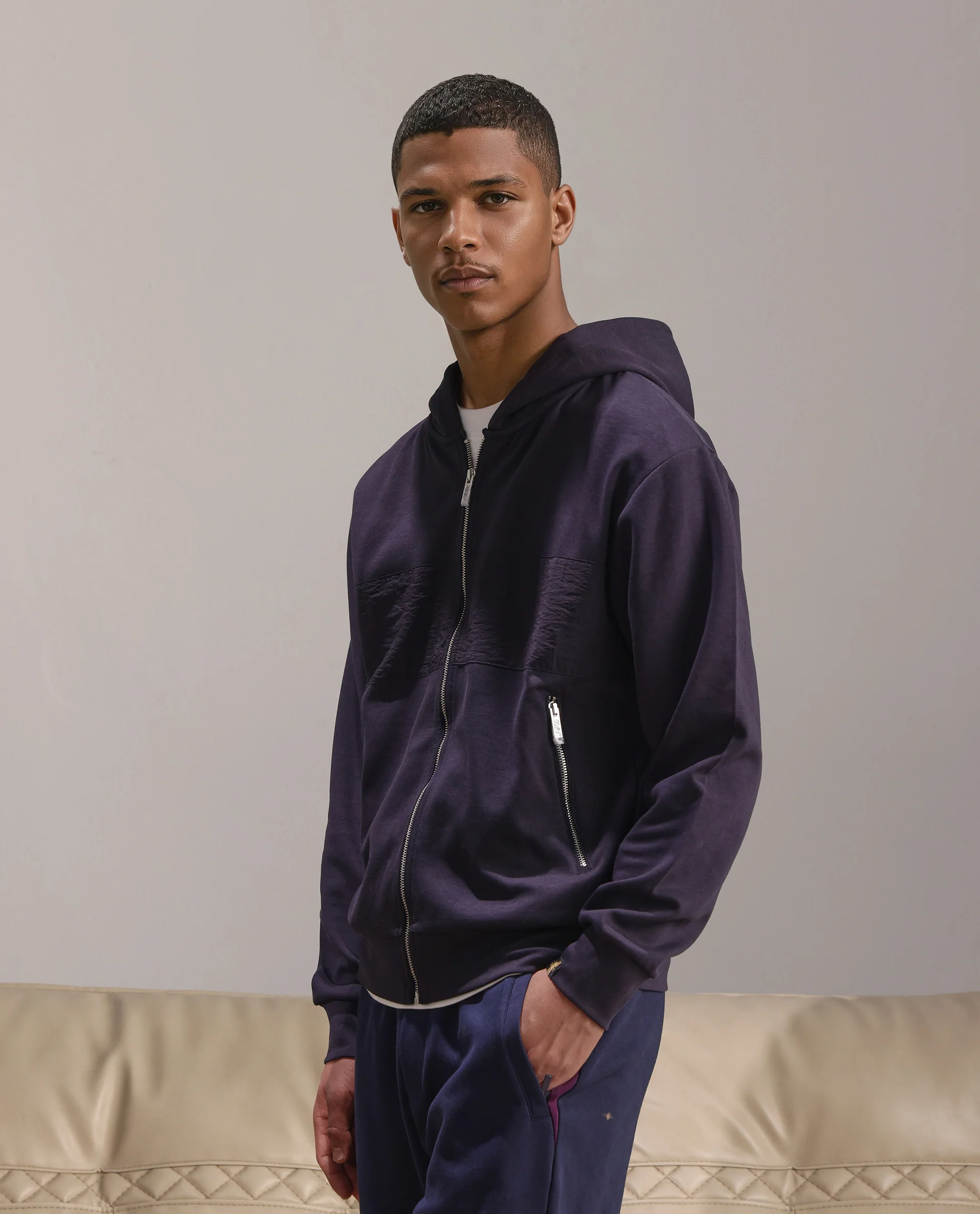 Rare Rabbit Men's Monct Navy Nylon Cut And Sew Regular Fit Full Sleeve Hooded Sweatshirt - Image 5