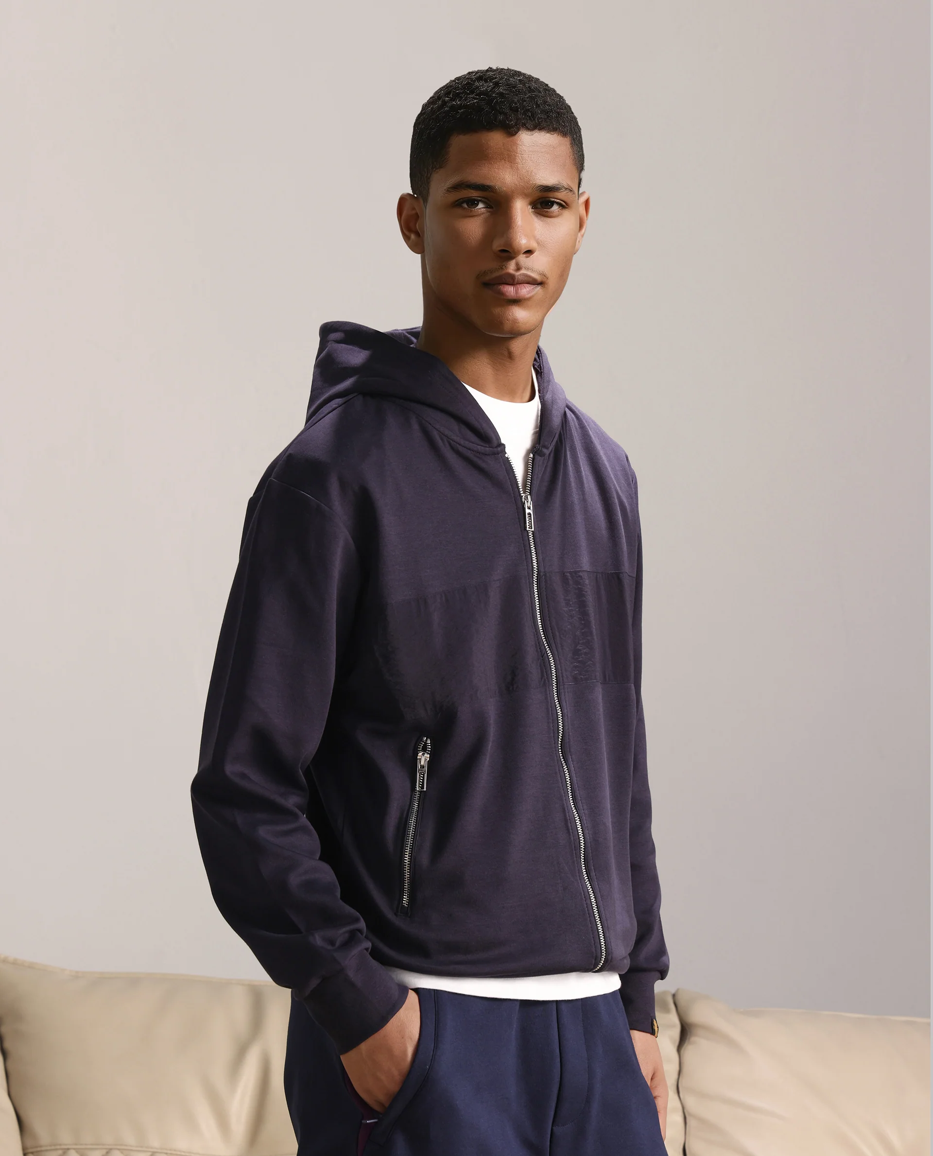 Rare Rabbit Men's Monct Navy Nylon Cut And Sew Regular Fit Full Sleeve Hooded Sweatshirt - Image 7