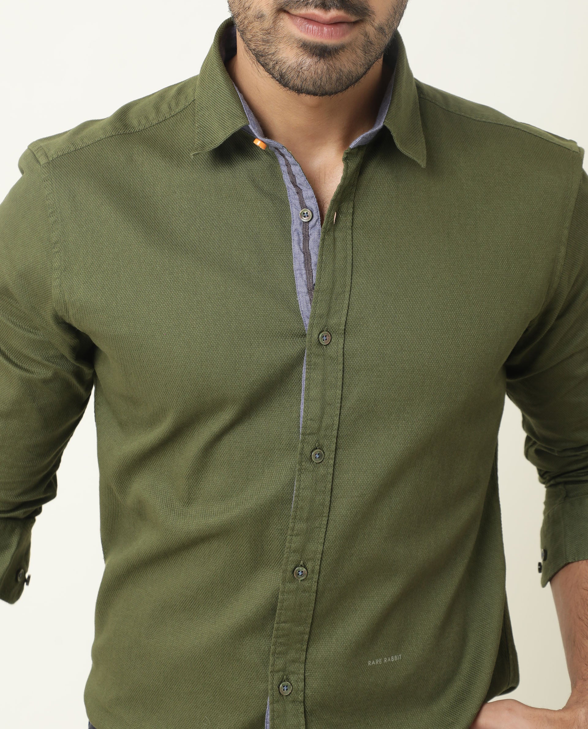 Rare Rabbit Men's Mond Green Cotton Plain Regular Fit Full Sleeve Spread Collar Shirt - Image 2