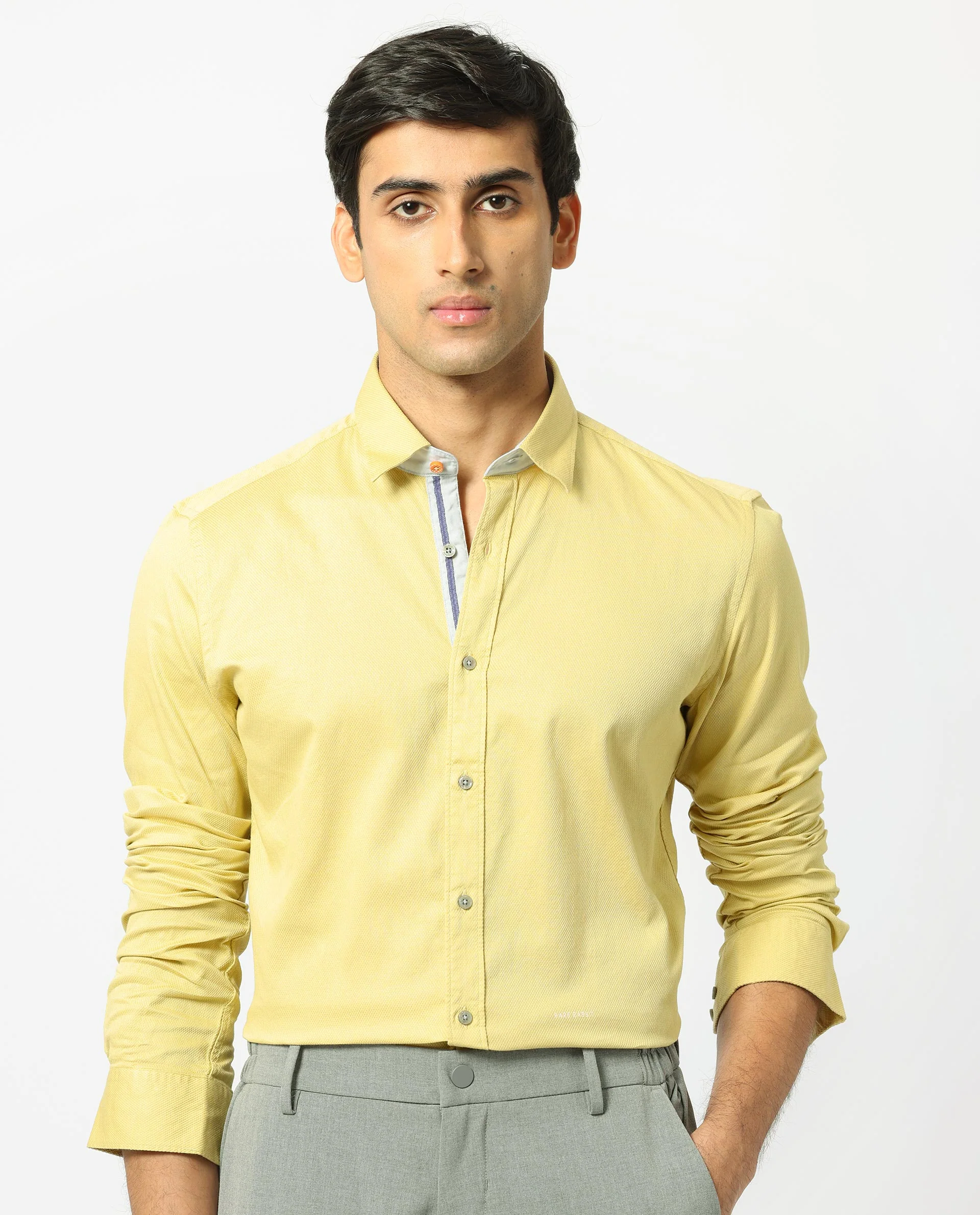 Rare Rabbit Men's Mond Yellow Cotton Plain Regular Fit Full Sleeve Collared Shirt