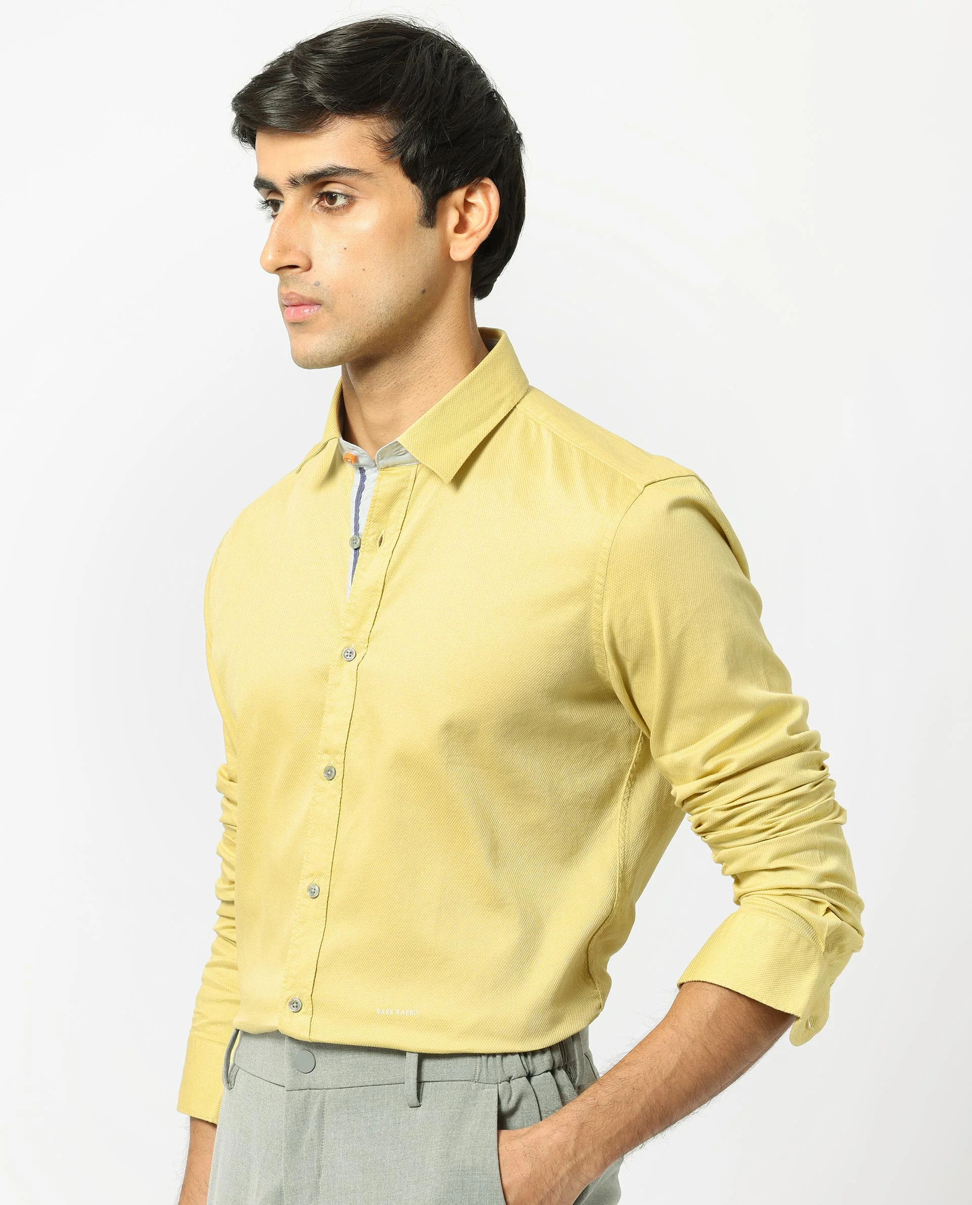 Rare Rabbit Men's Mond Yellow Cotton Plain Regular Fit Full Sleeve Collared Shirt - Image 3