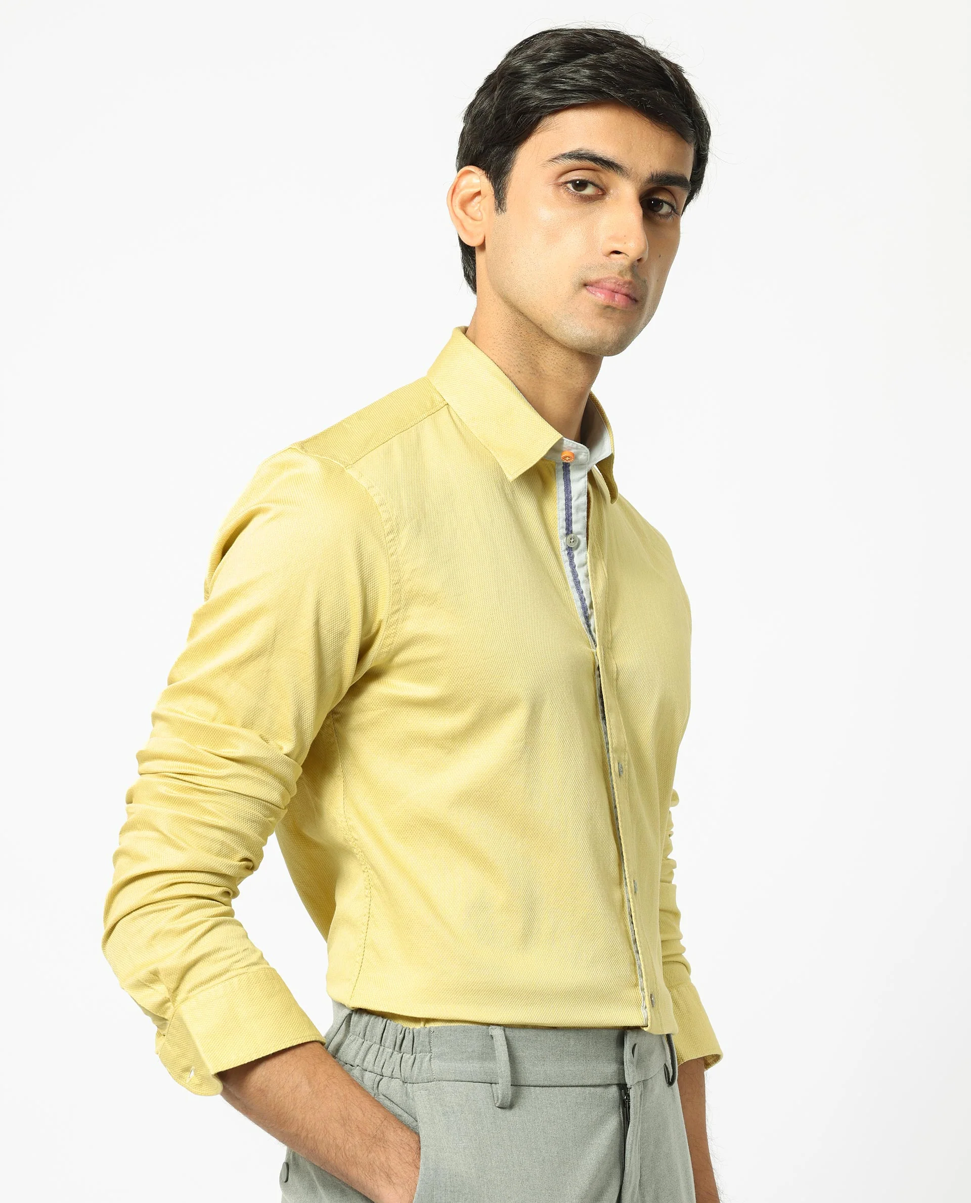 Rare Rabbit Men's Mond Yellow Cotton Plain Regular Fit Full Sleeve Collared Shirt - Image 6