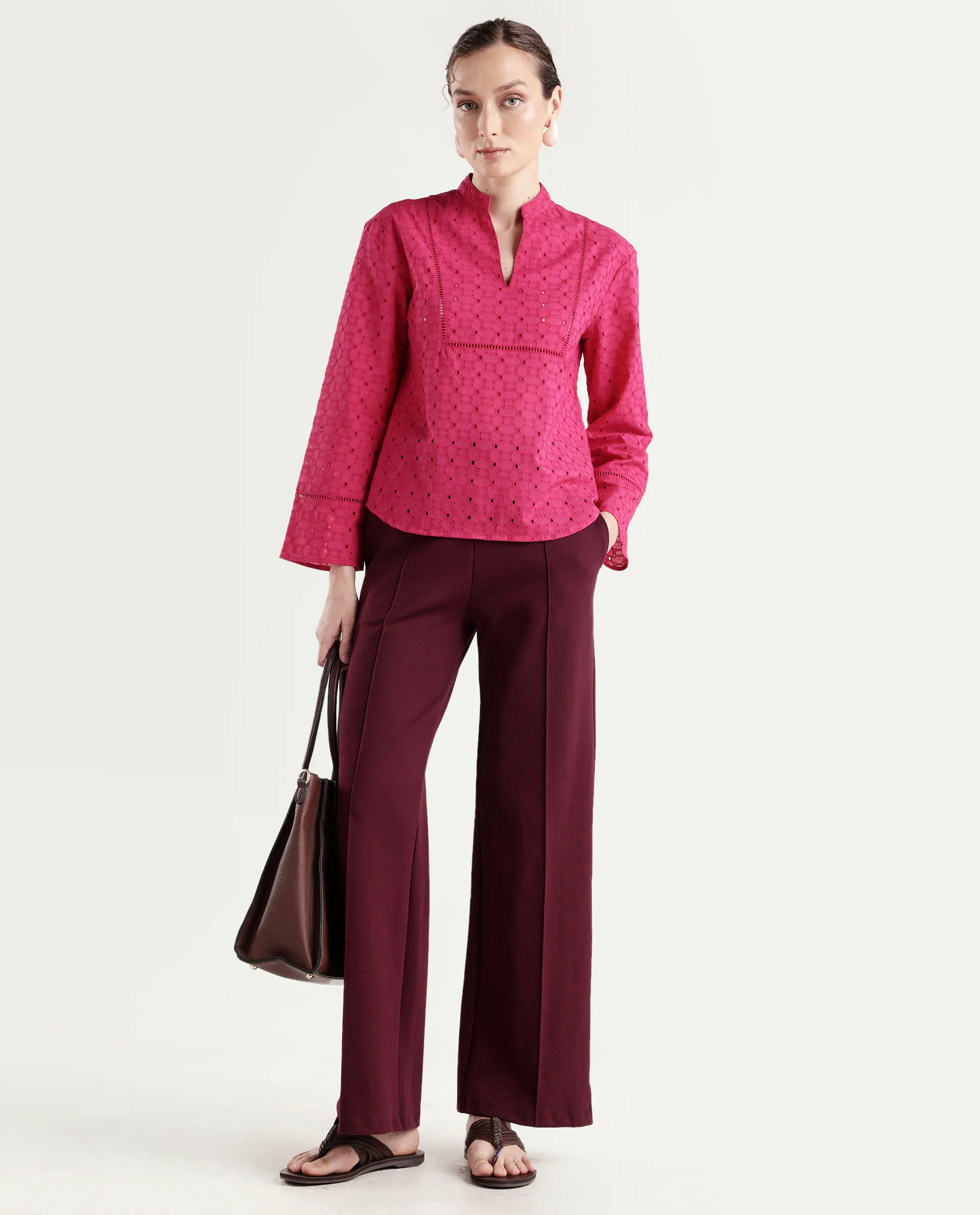 Rareism Women's Monet Pink Cotton Full Sleeve Mandarin Collar Regular Schiffli Top - Image 2