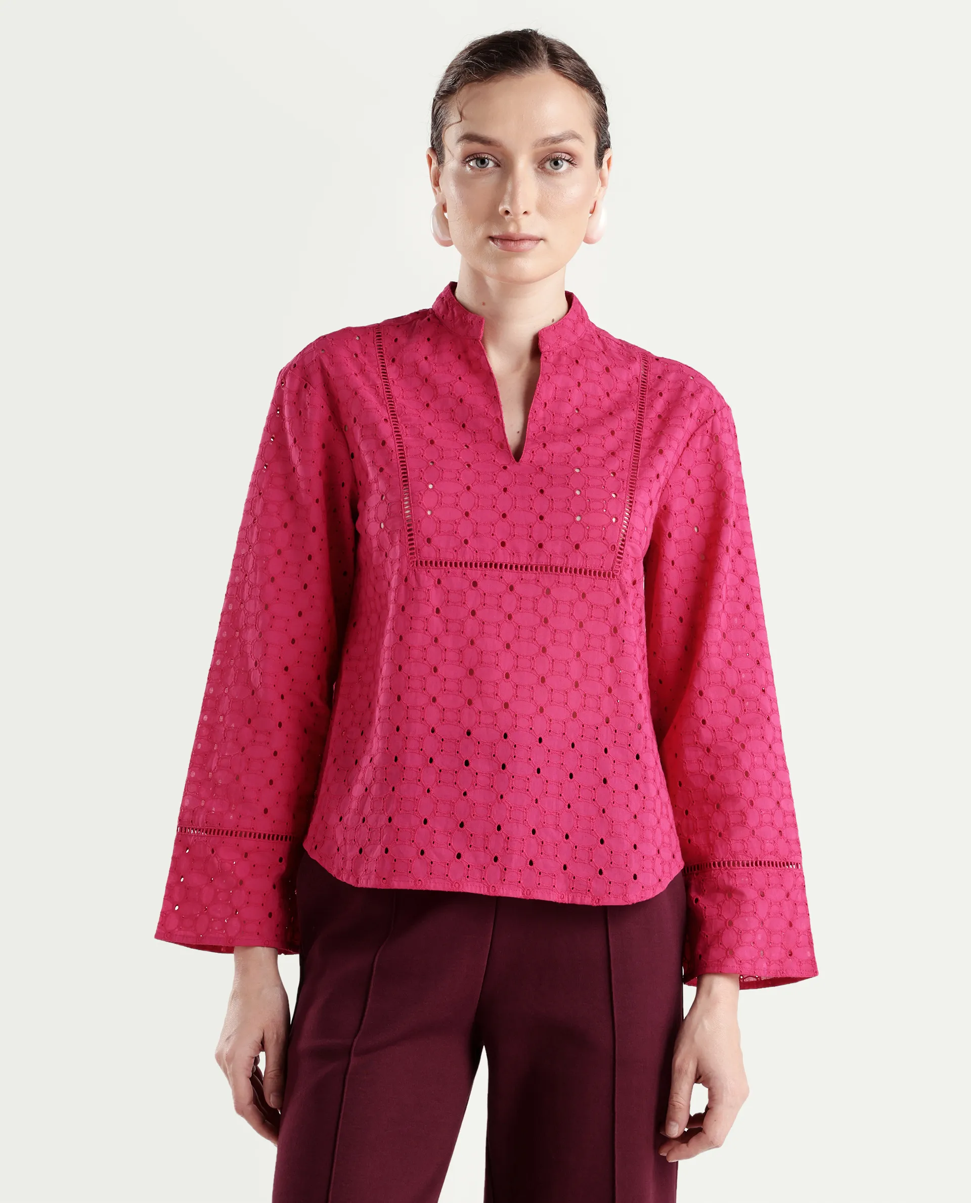 Rareism Women's Monet Pink Cotton Full Sleeve Mandarin Collar Regular Schiffli Top - Image 3