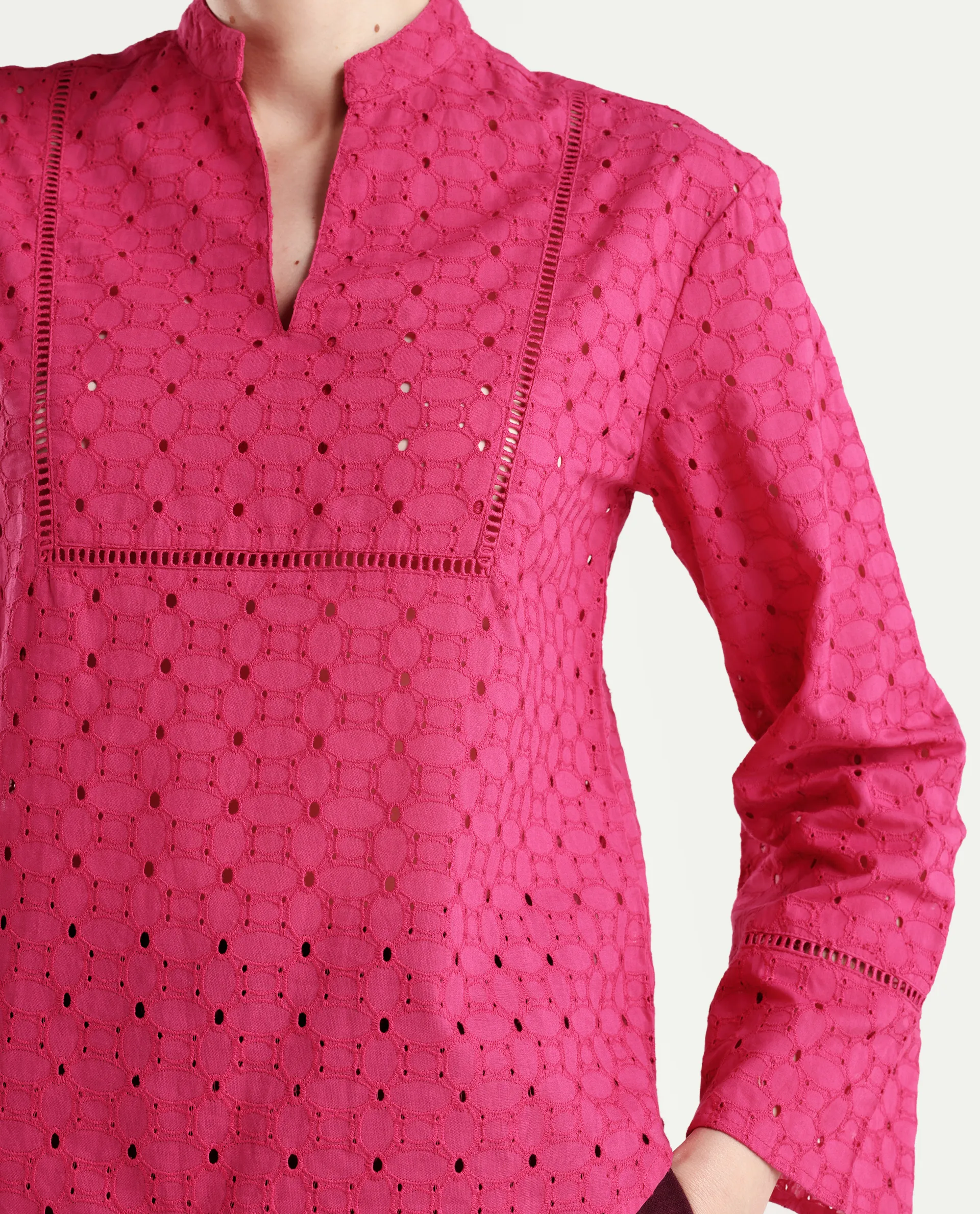 Rareism Women's Monet Pink Cotton Full Sleeve Mandarin Collar Regular Schiffli Top - Image 4