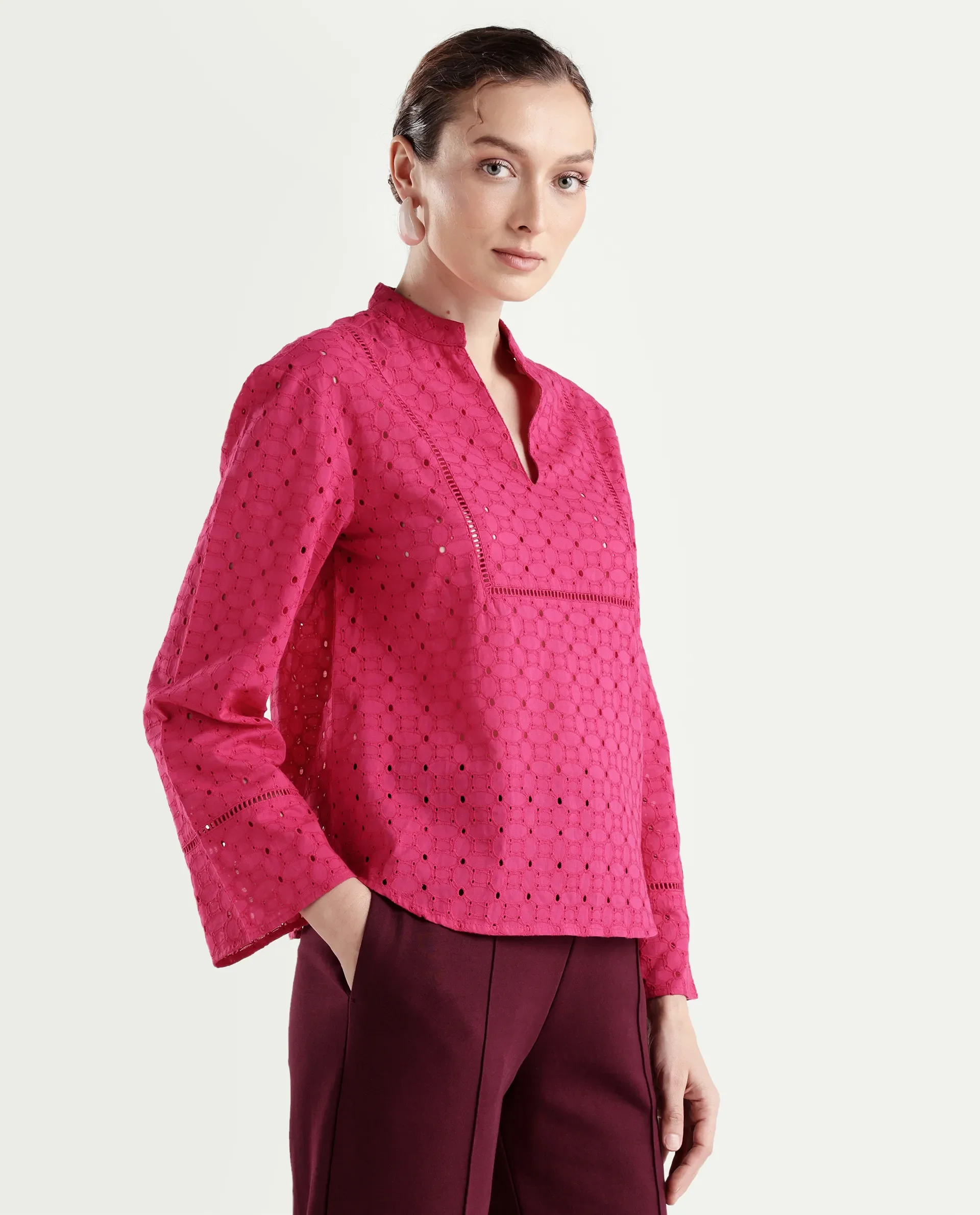 Rareism Women's Monet Pink Cotton Full Sleeve Mandarin Collar Regular Schiffli Top - Image 5