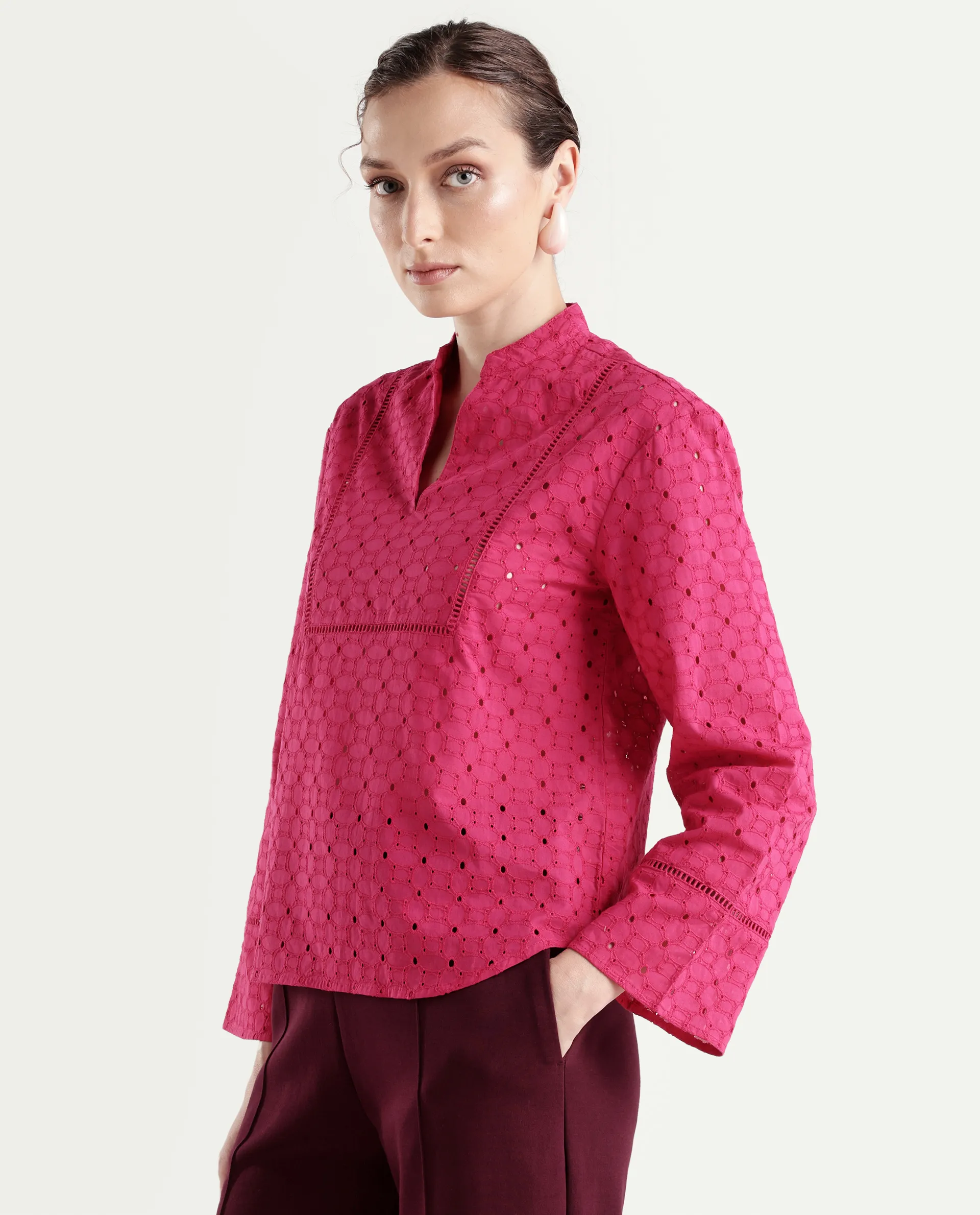 Rareism Women's Monet Pink Cotton Full Sleeve Mandarin Collar Regular Schiffli Top - Image 6