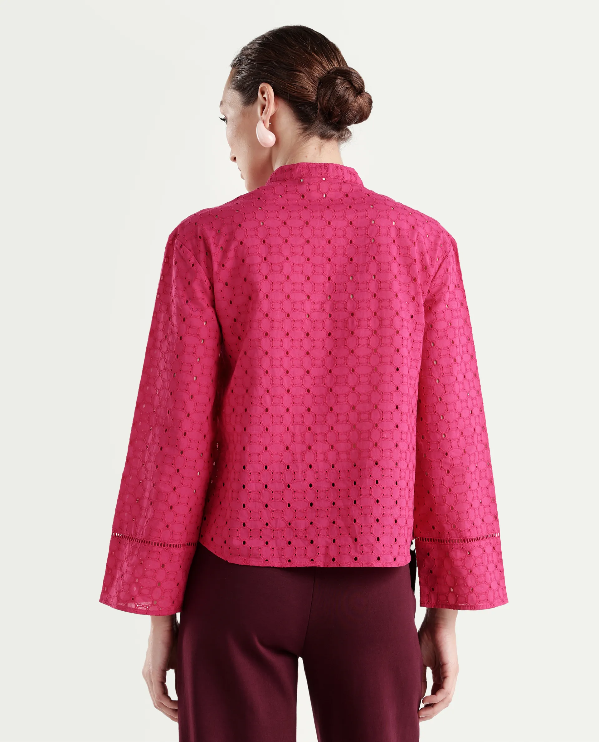 Rareism Women's Monet Pink Cotton Full Sleeve Mandarin Collar Regular Schiffli Top - Image 7