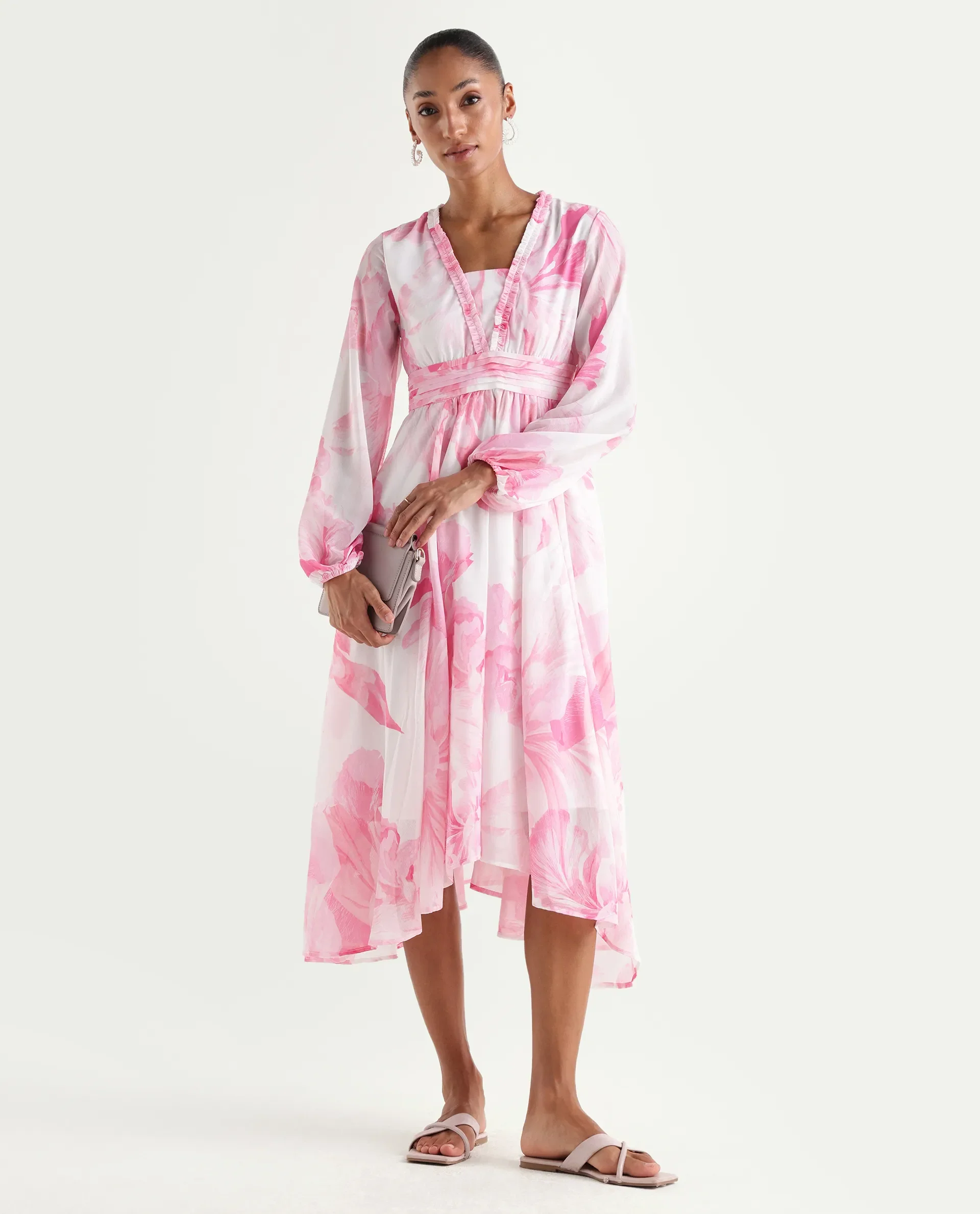 Rareism Women's Monfriko Off White Polyester Full Sleeve Ruffled Neck Fit And Flare Floral Print Dress - Image 2