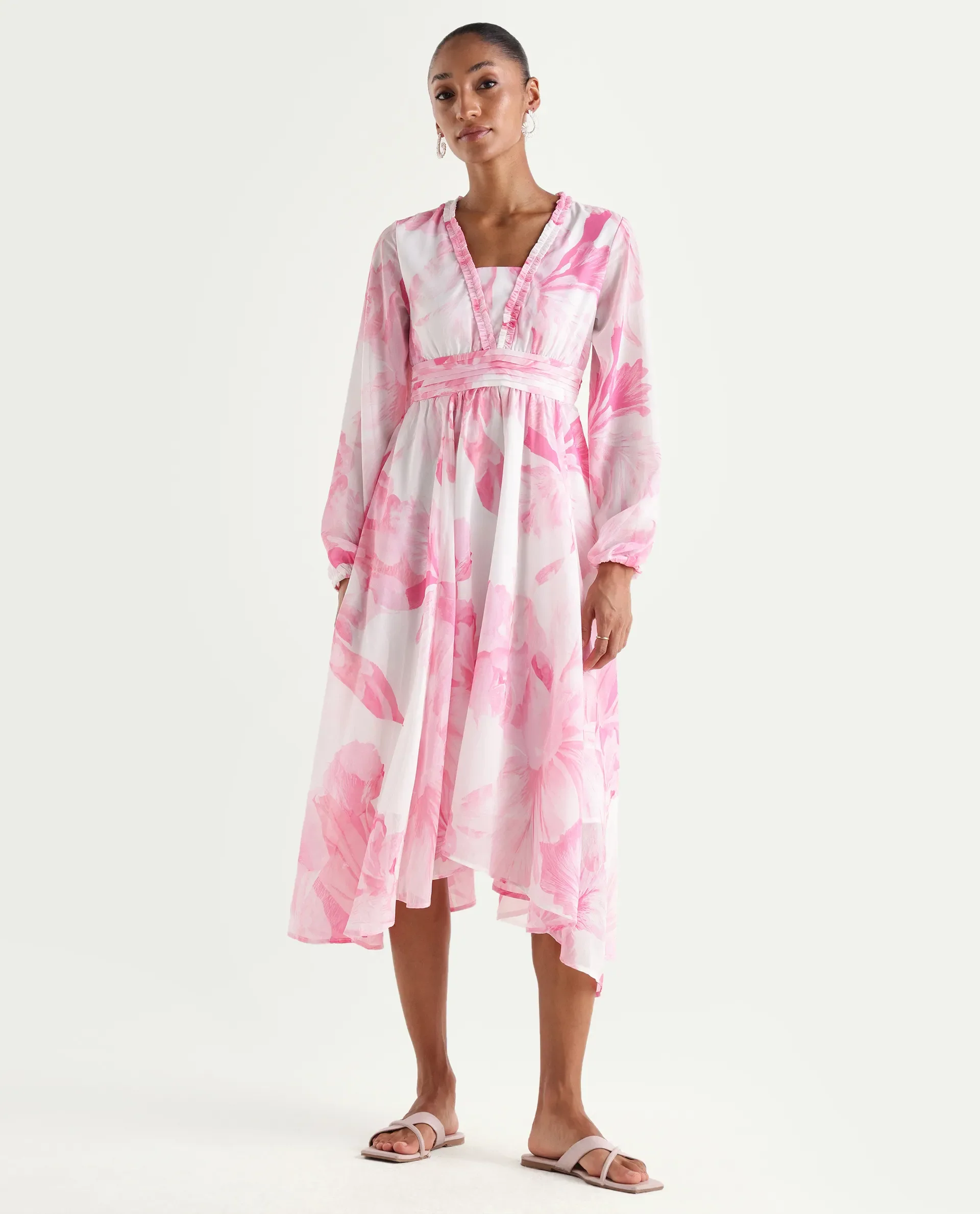 Rareism Women's Monfriko Off White Polyester Full Sleeve Ruffled Neck Fit And Flare Floral Print Dress - Image 3