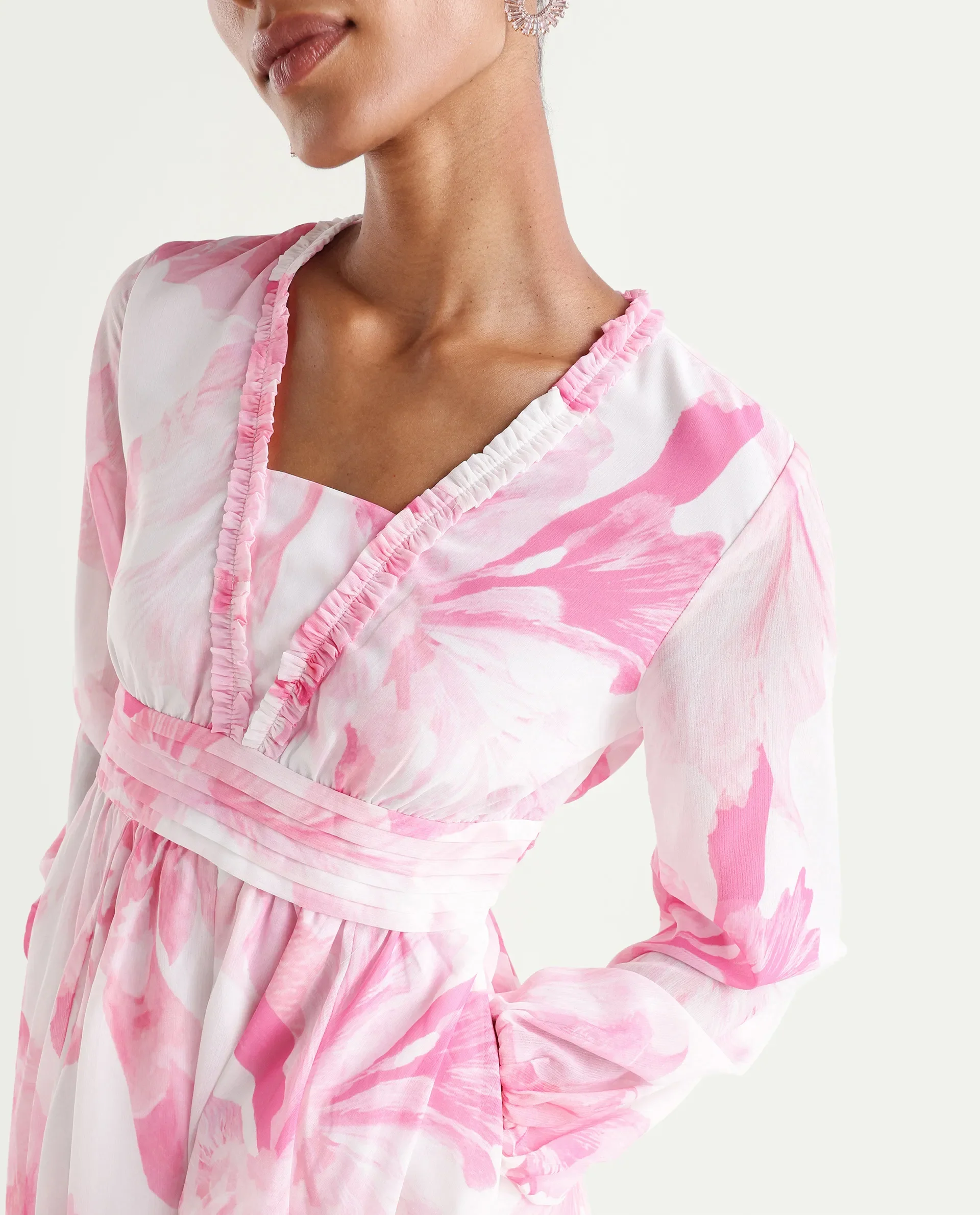 Rareism Women's Monfriko Off White Polyester Full Sleeve Ruffled Neck Fit And Flare Floral Print Dress - Image 4