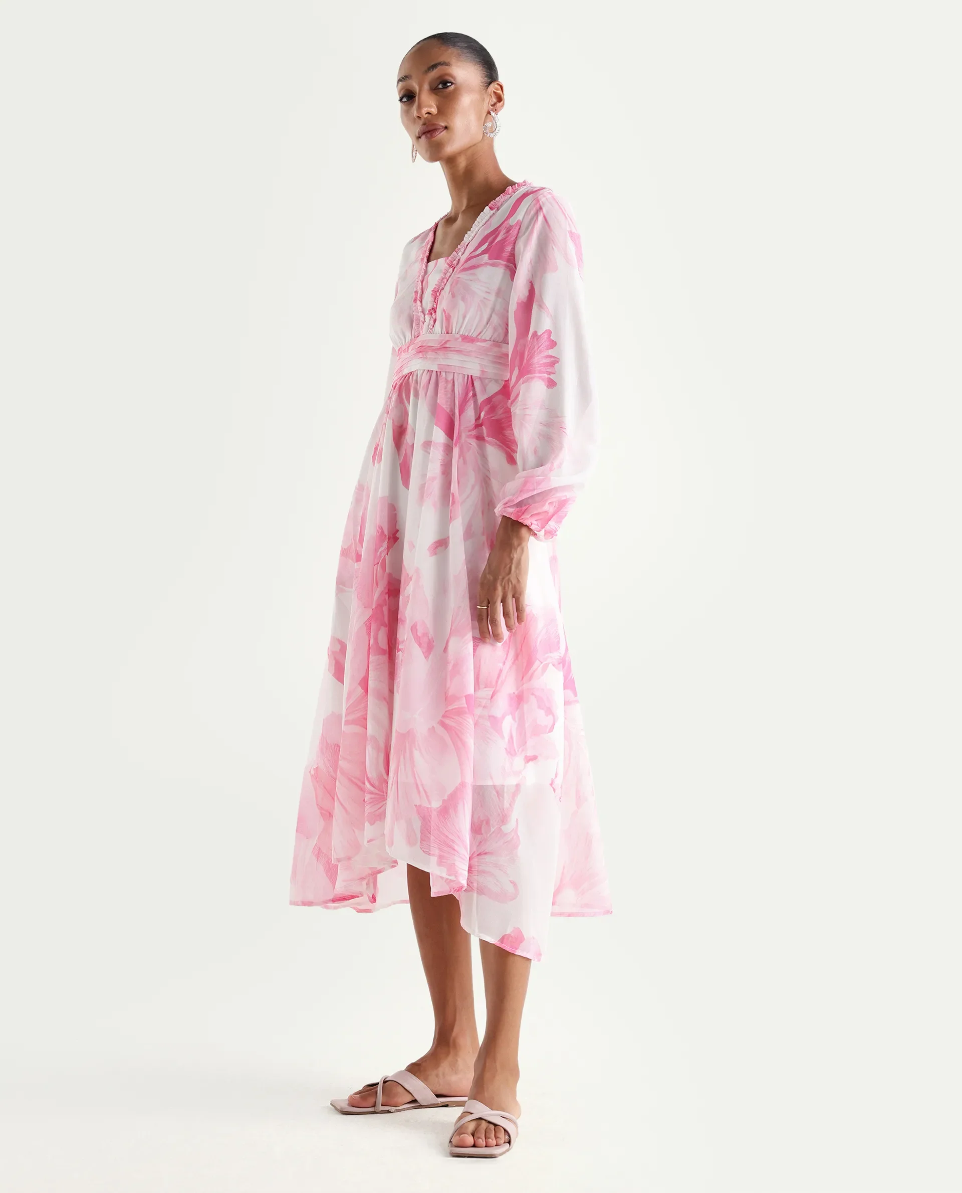 Rareism Women's Monfriko Off White Polyester Full Sleeve Ruffled Neck Fit And Flare Floral Print Dress - Image 5