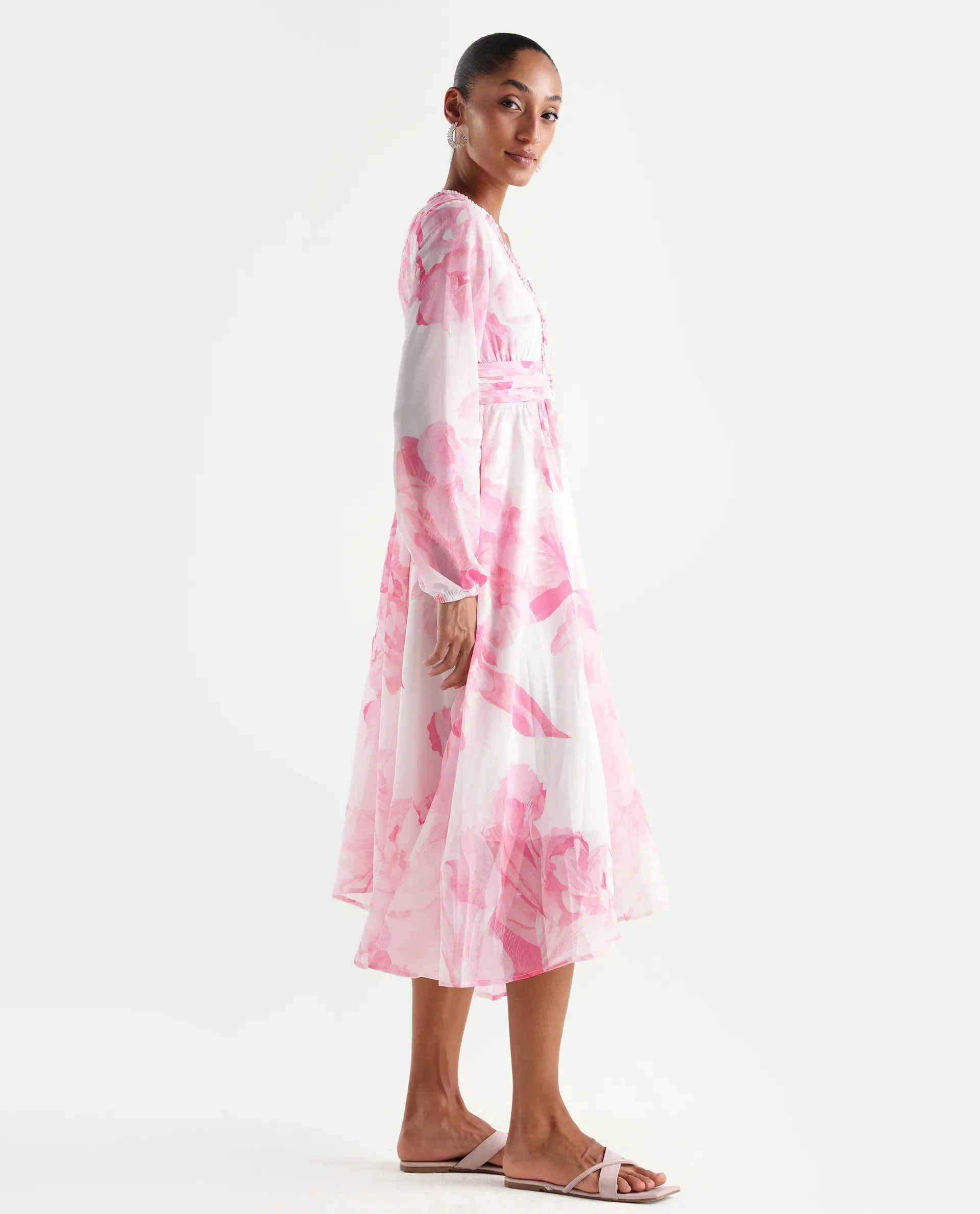 Rareism Women's Monfriko Off White Polyester Full Sleeve Ruffled Neck Fit And Flare Floral Print Dress - Image 6