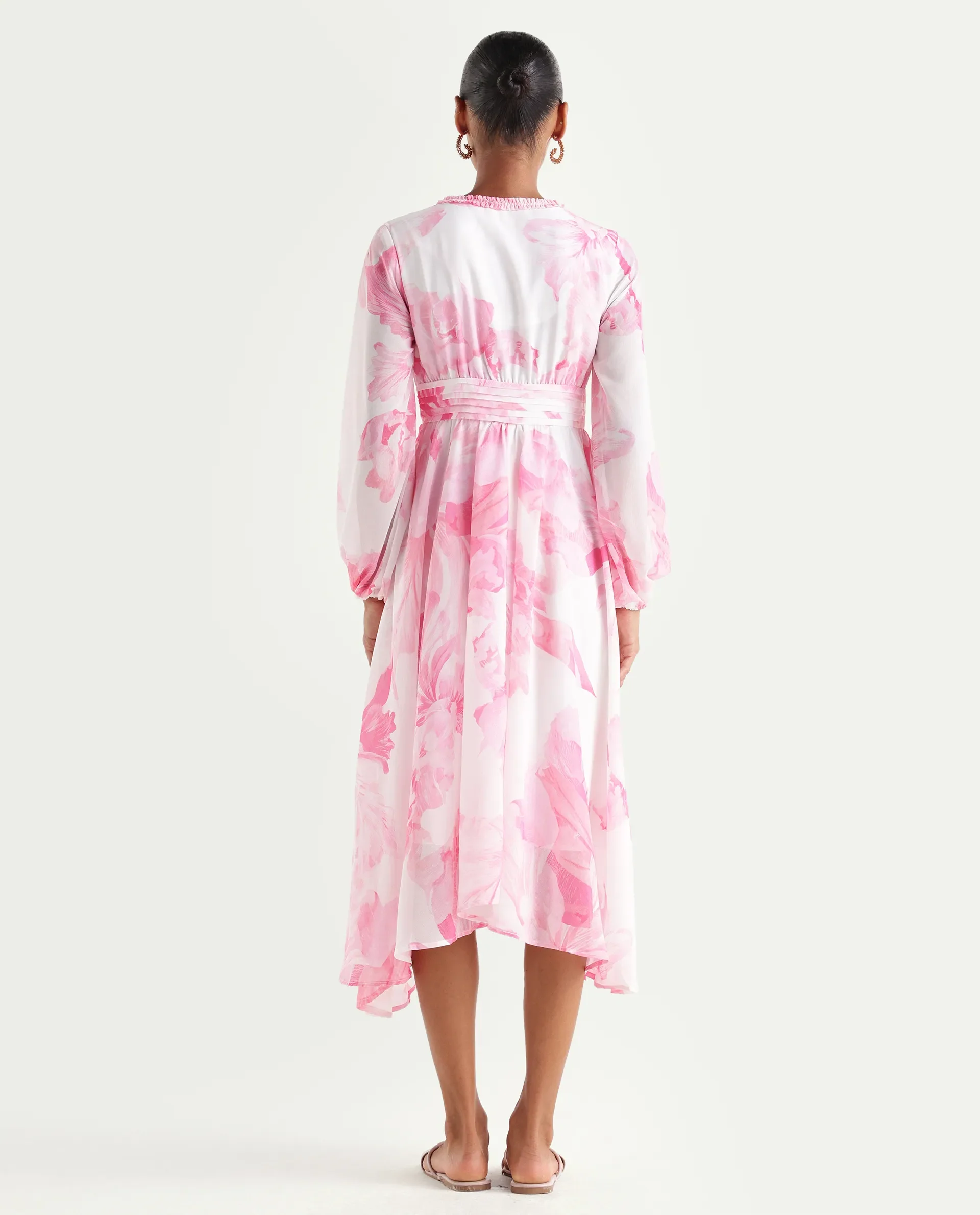Rareism Women's Monfriko Off White Polyester Full Sleeve Ruffled Neck Fit And Flare Floral Print Dress - Image 7