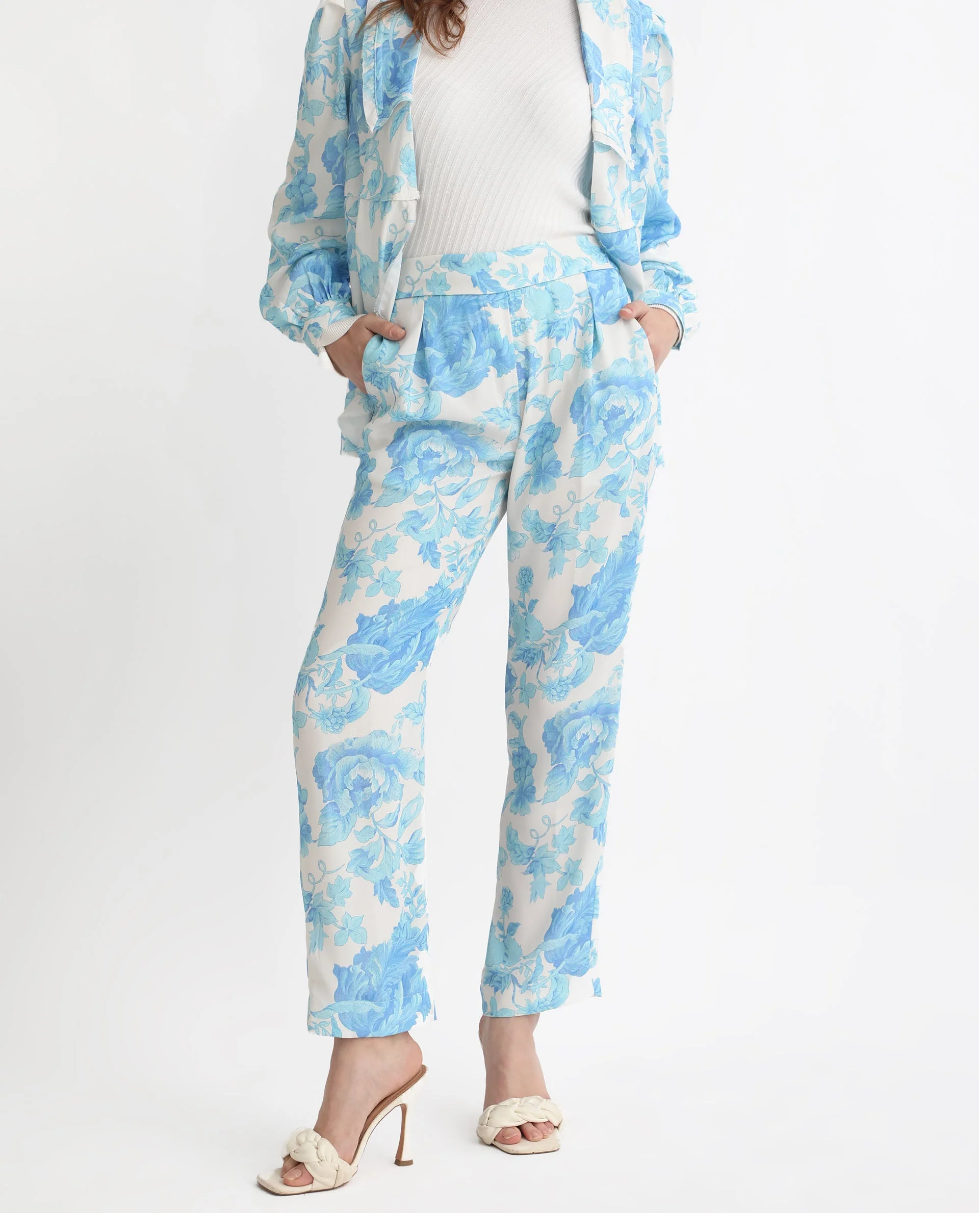 Rareism Women's Mongo Light Blue Polyester Floral Print Ankle Length Relaxed Fit Trouser - Image 11