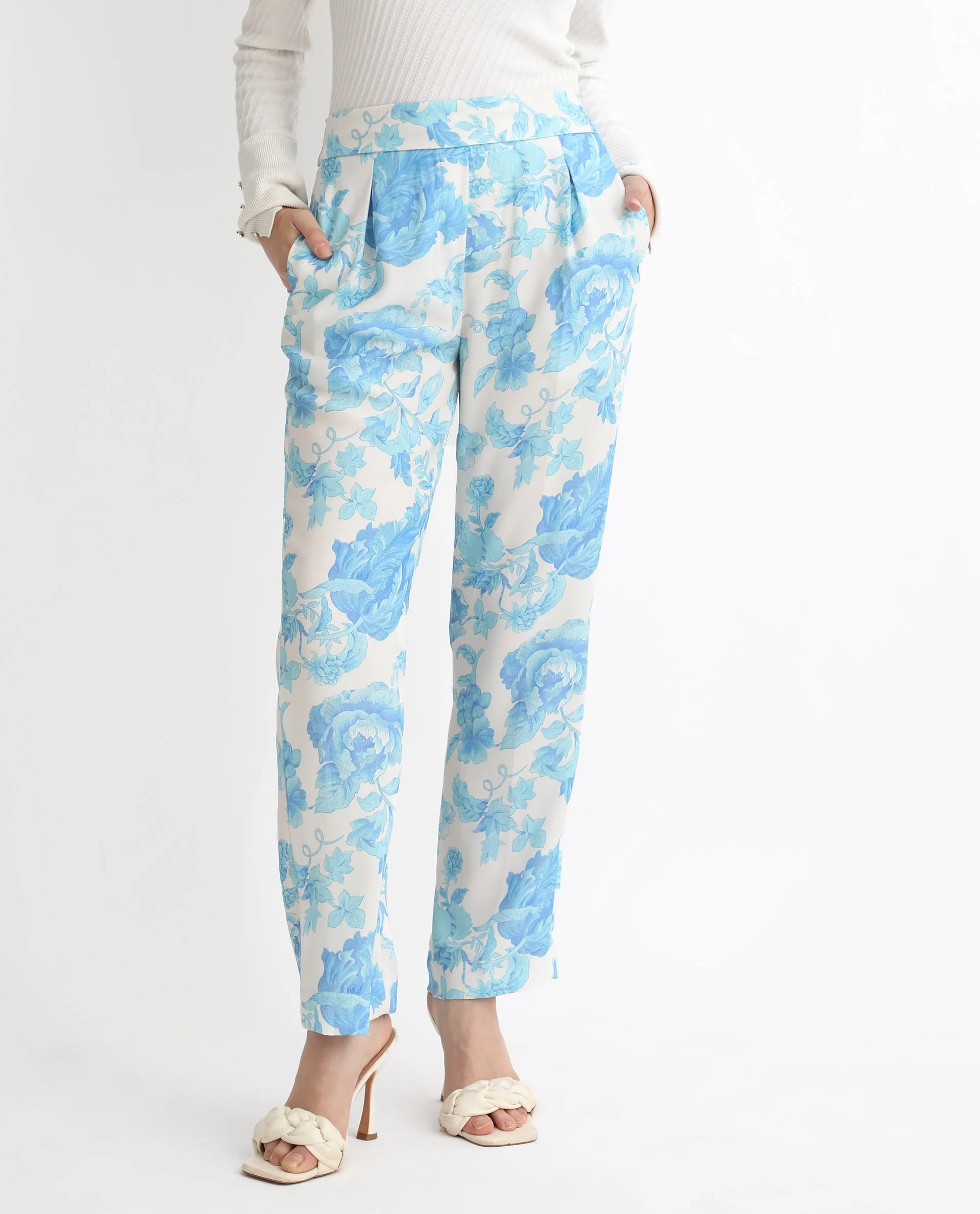 Rareism Women's Mongo Light Blue Polyester Floral Print Ankle Length Relaxed Fit Trouser - Image 2