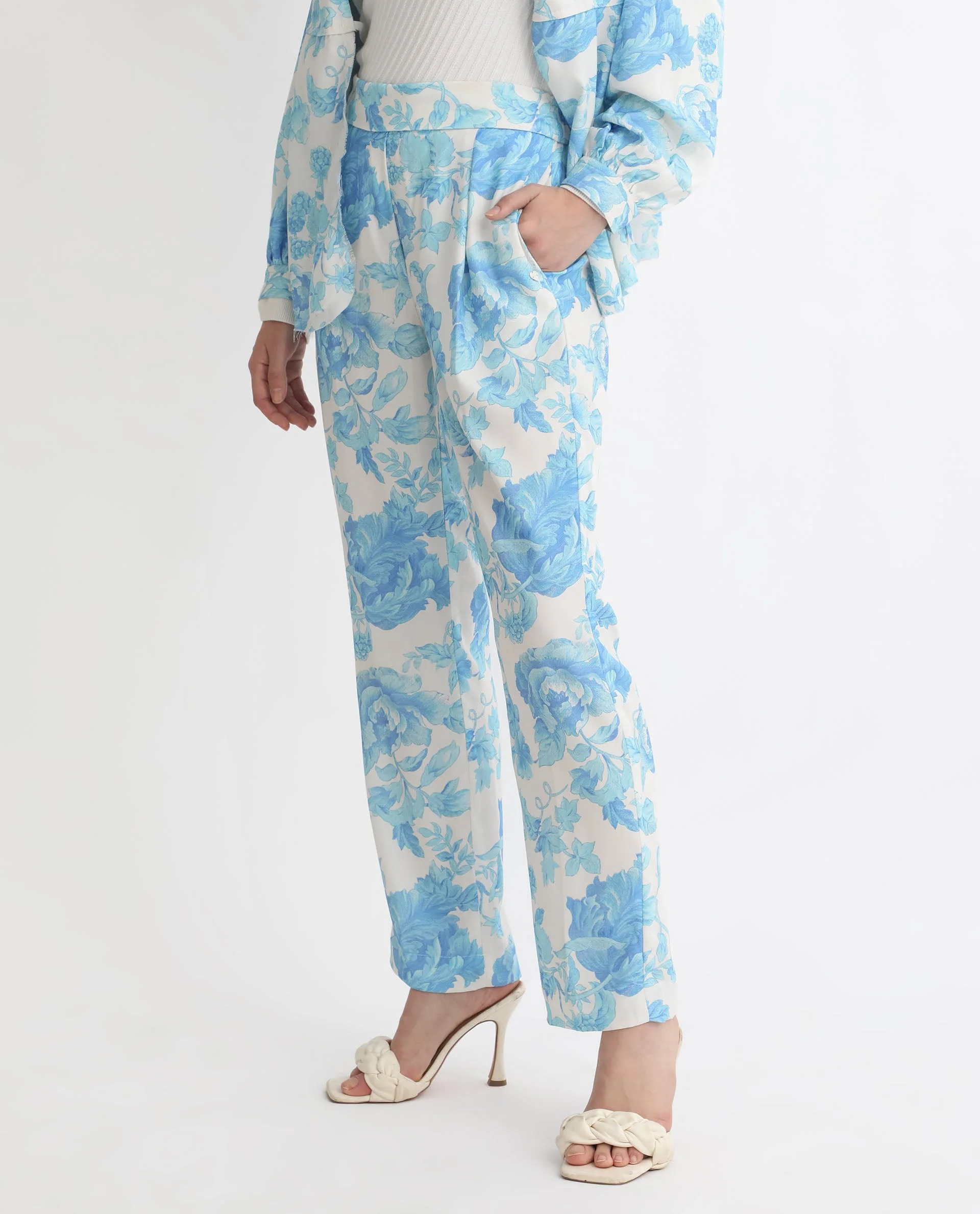 Rareism Women's Mongo Light Blue Polyester Floral Print Ankle Length Relaxed Fit Trouser - Image 4