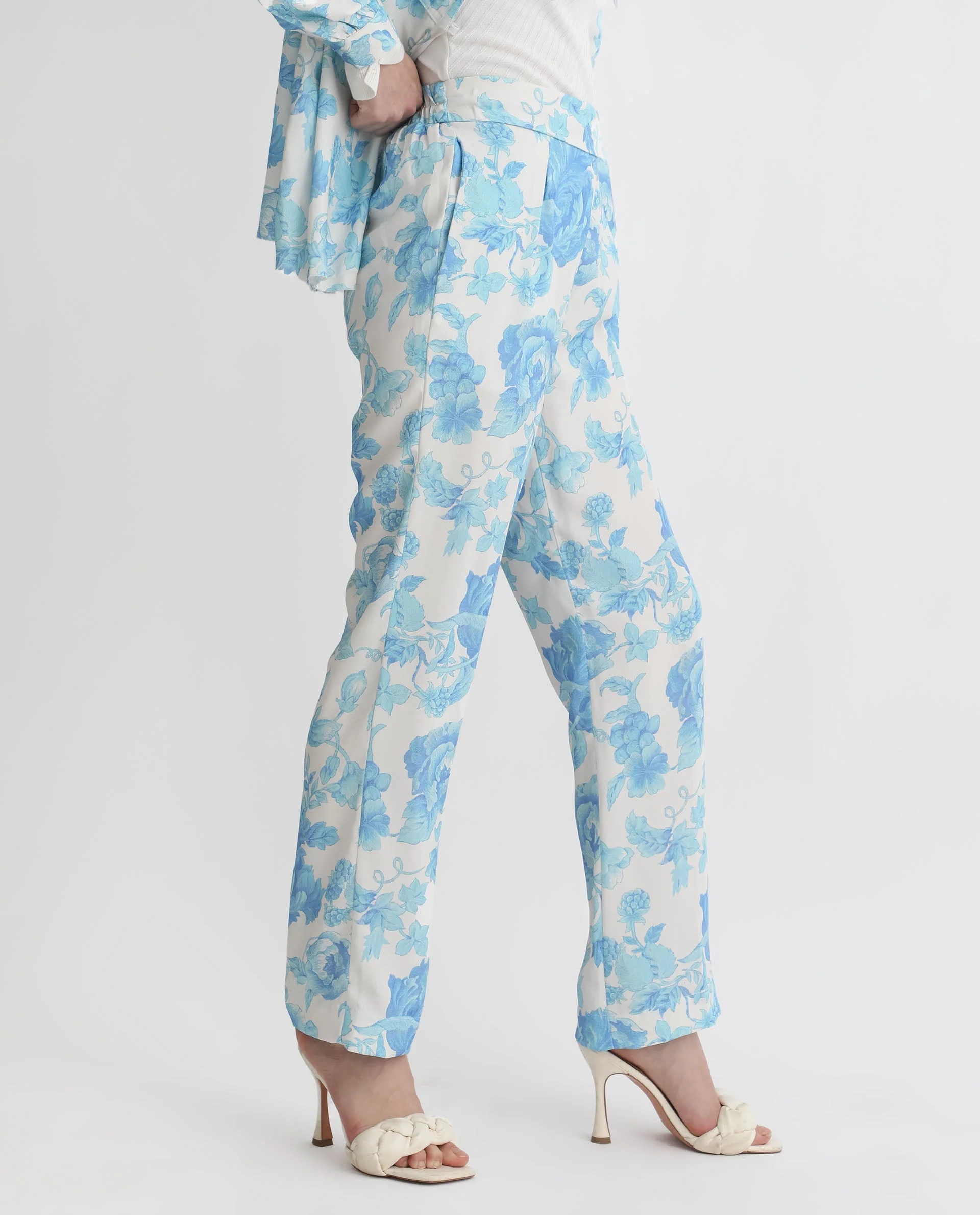 Rareism Women's Mongo Light Blue Polyester Floral Print Ankle Length Relaxed Fit Trouser - Image 5