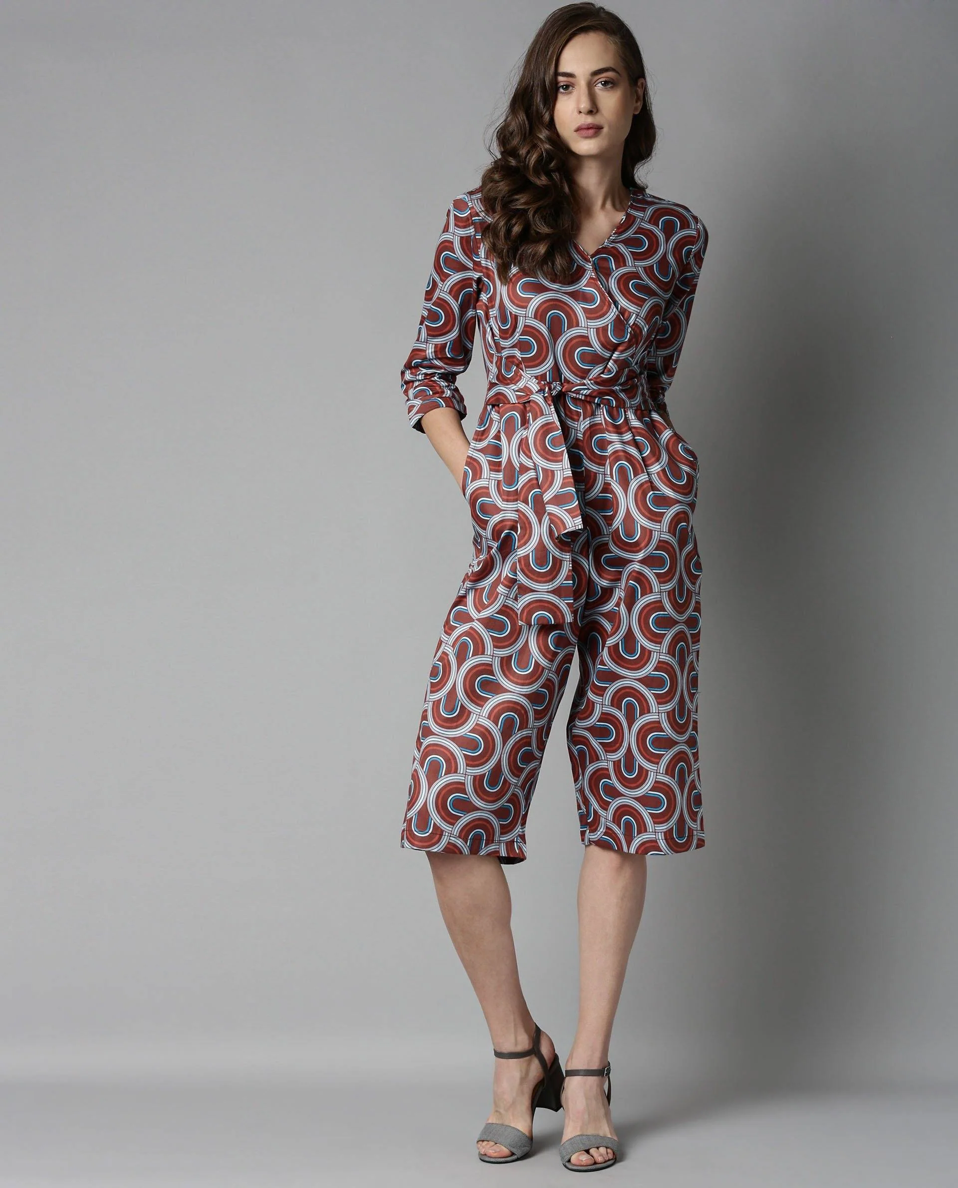 Rareism Women Monkey Brown Jumpsuit Short Sleeves Printed