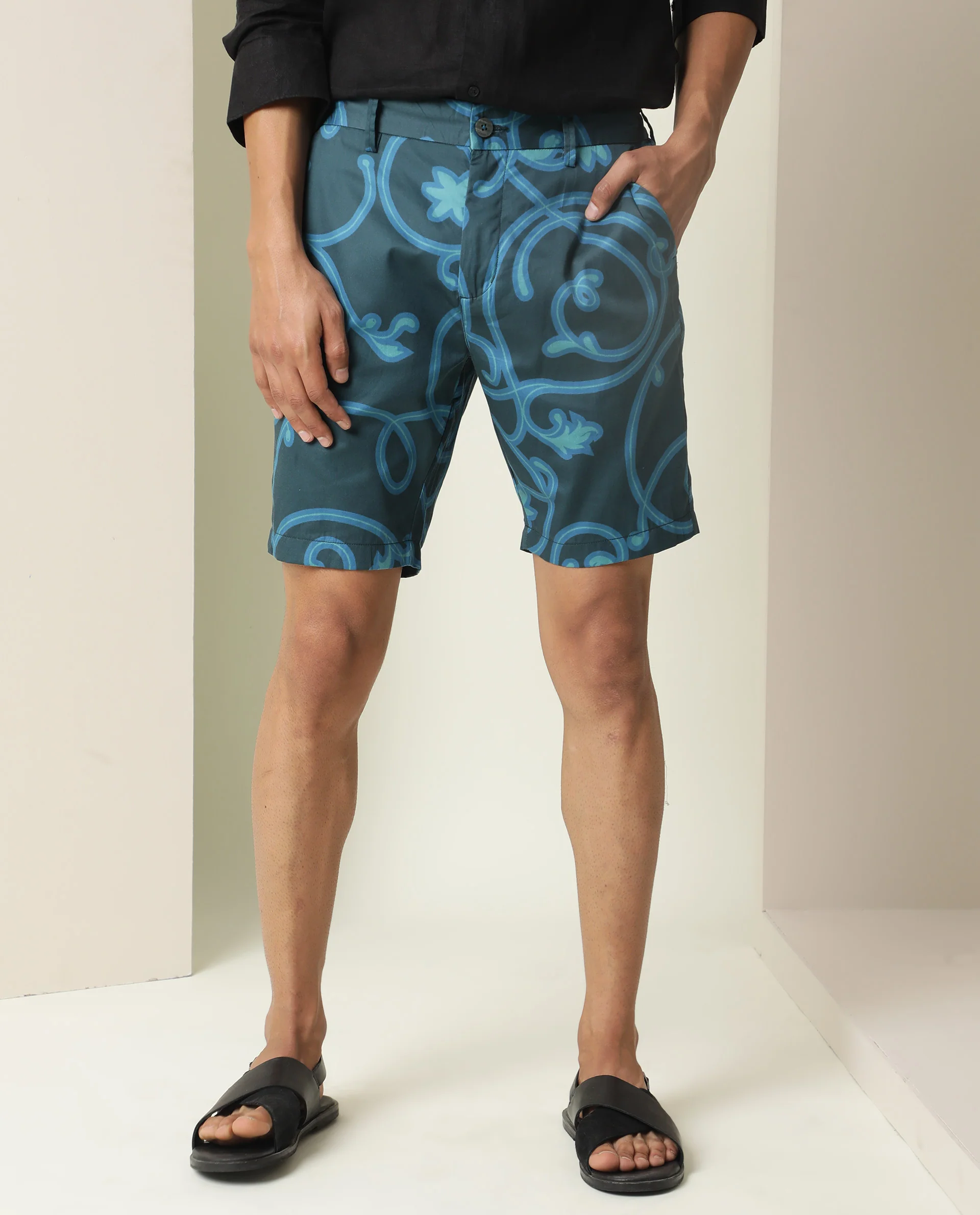 Rare Rabbit Men's Monlet Petrol Cotton Abstract Print Regular Fit Shorts