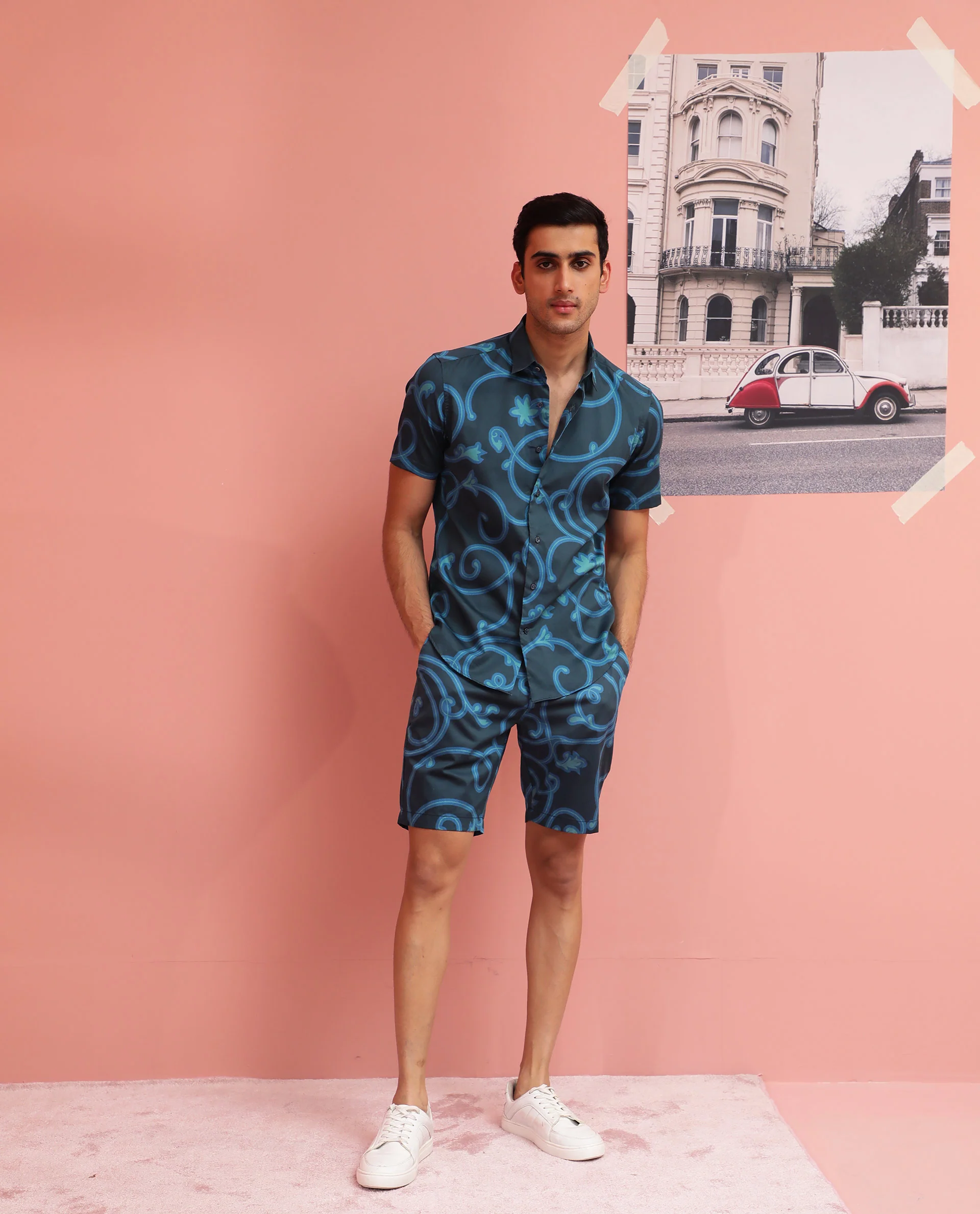 Rare Rabbit Men's Monlet Petrol Cotton Abstract Print Regular Fit Shorts - Image 2