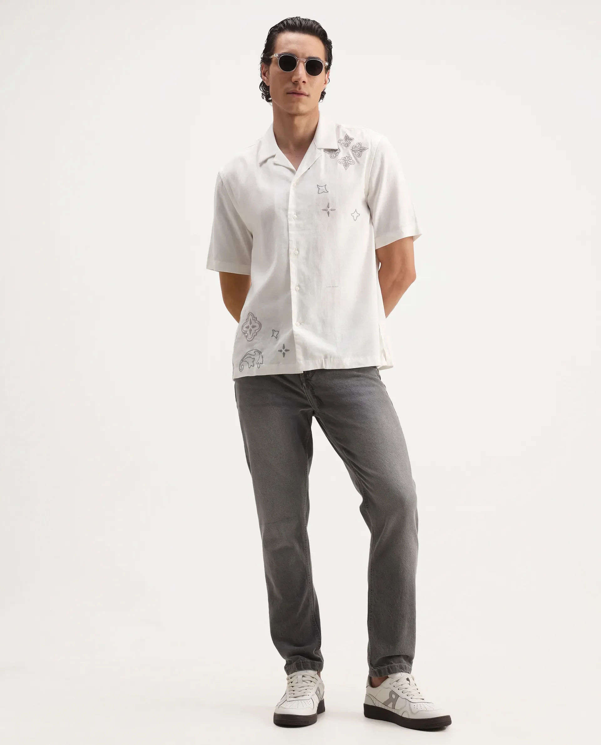 Rare Rabbit Men's Monobo White Linen Blend Embroidered Boxy Fit Half Sleeve Cuban Collar Shirt - Image 2