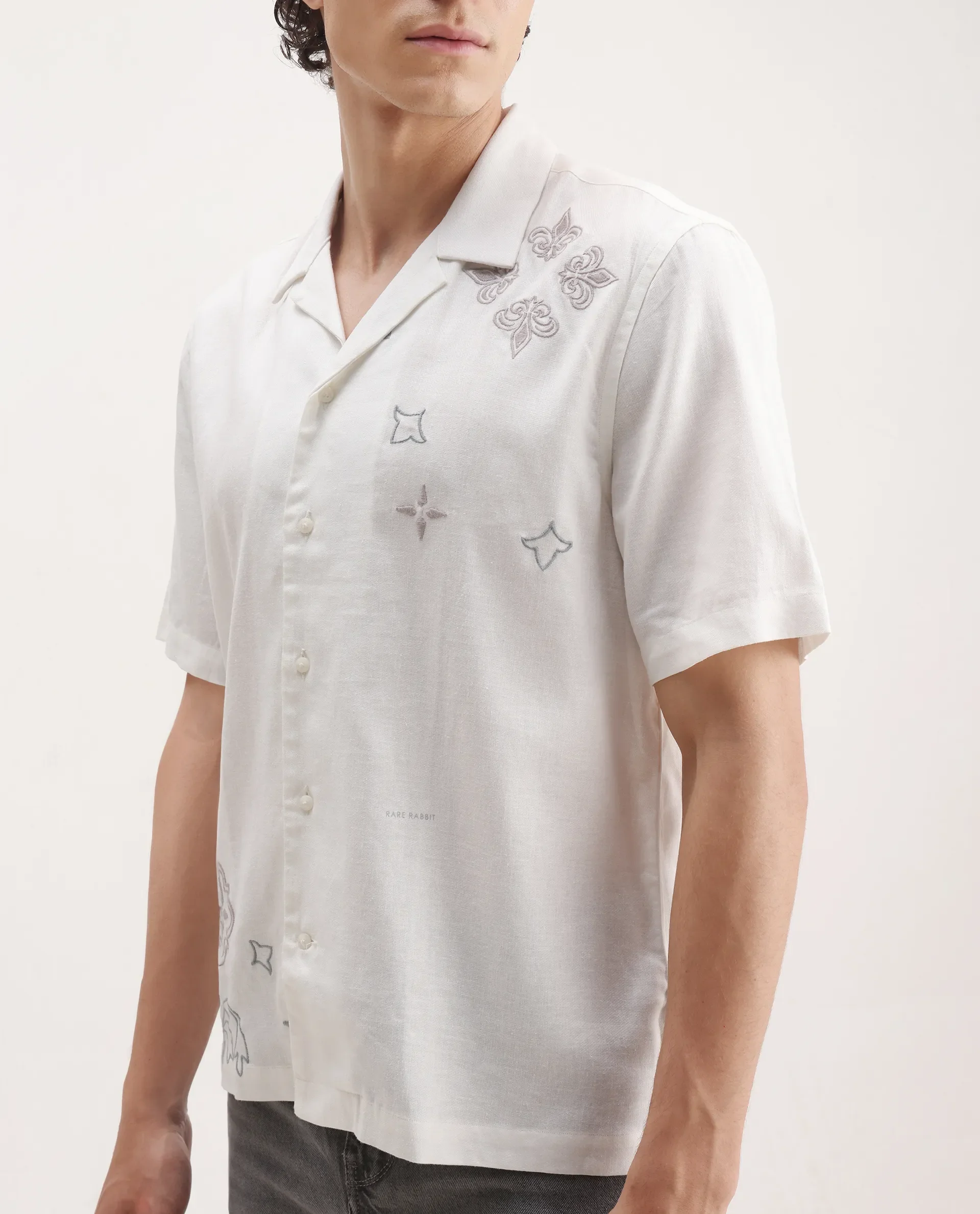 Rare Rabbit Men's Monobo White Linen Blend Embroidered Boxy Fit Half Sleeve Cuban Collar Shirt - Image 3