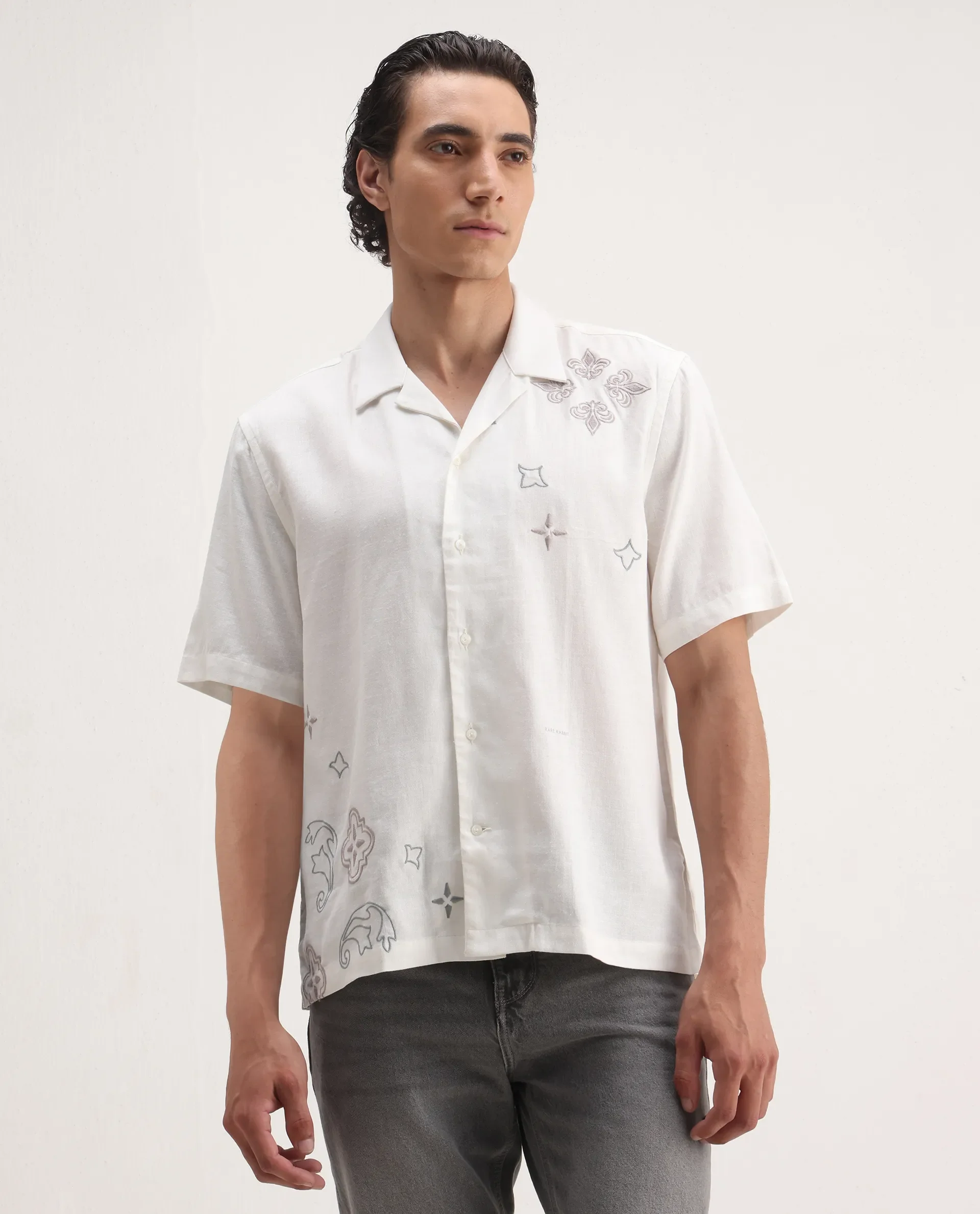 Rare Rabbit Men's Monobo White Linen Blend Embroidered Boxy Fit Half Sleeve Cuban Collar Shirt - Image 4