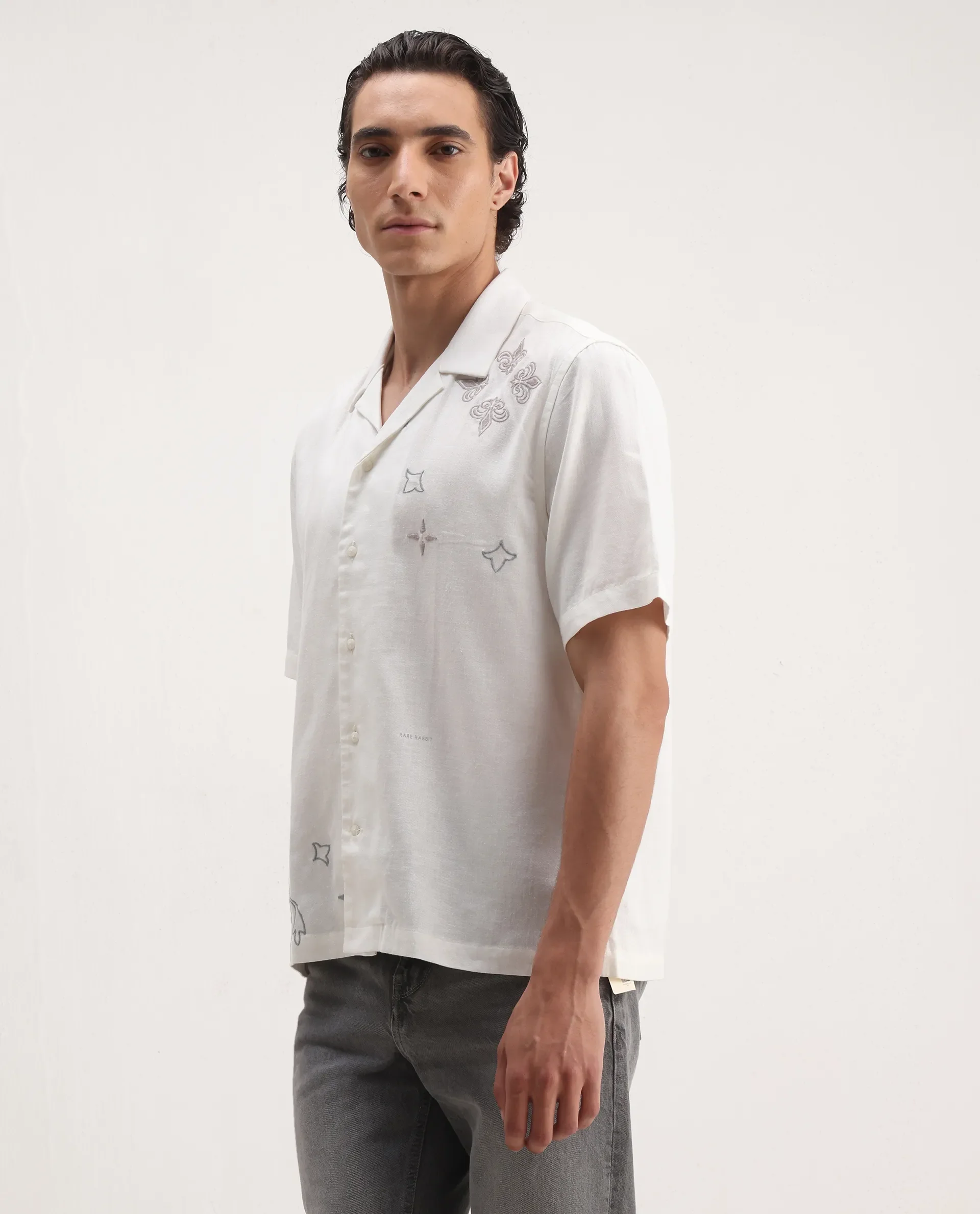 Rare Rabbit Men's Monobo White Linen Blend Embroidered Boxy Fit Half Sleeve Cuban Collar Shirt - Image 5