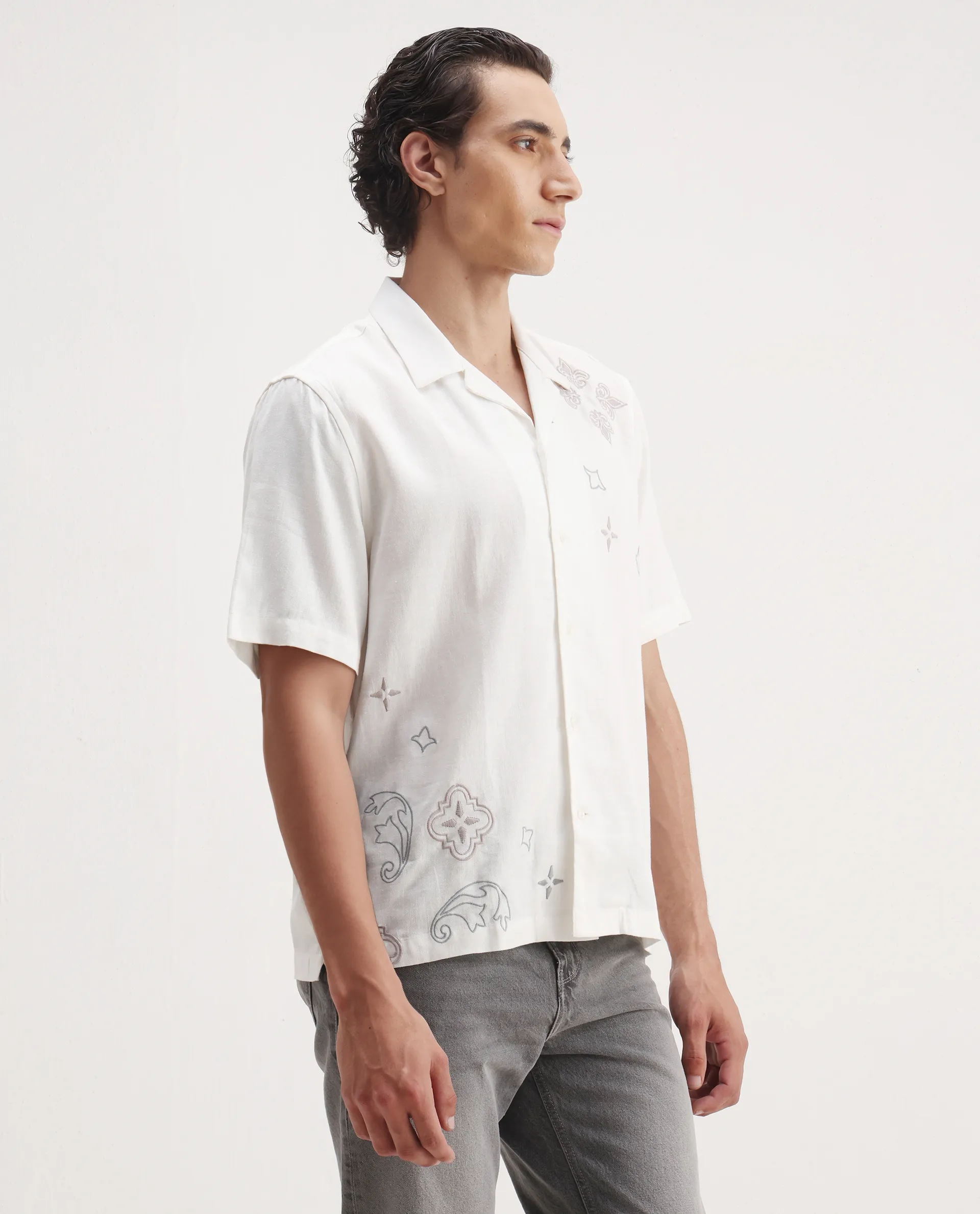 Rare Rabbit Men's Monobo White Linen Blend Embroidered Boxy Fit Half Sleeve Cuban Collar Shirt - Image 6