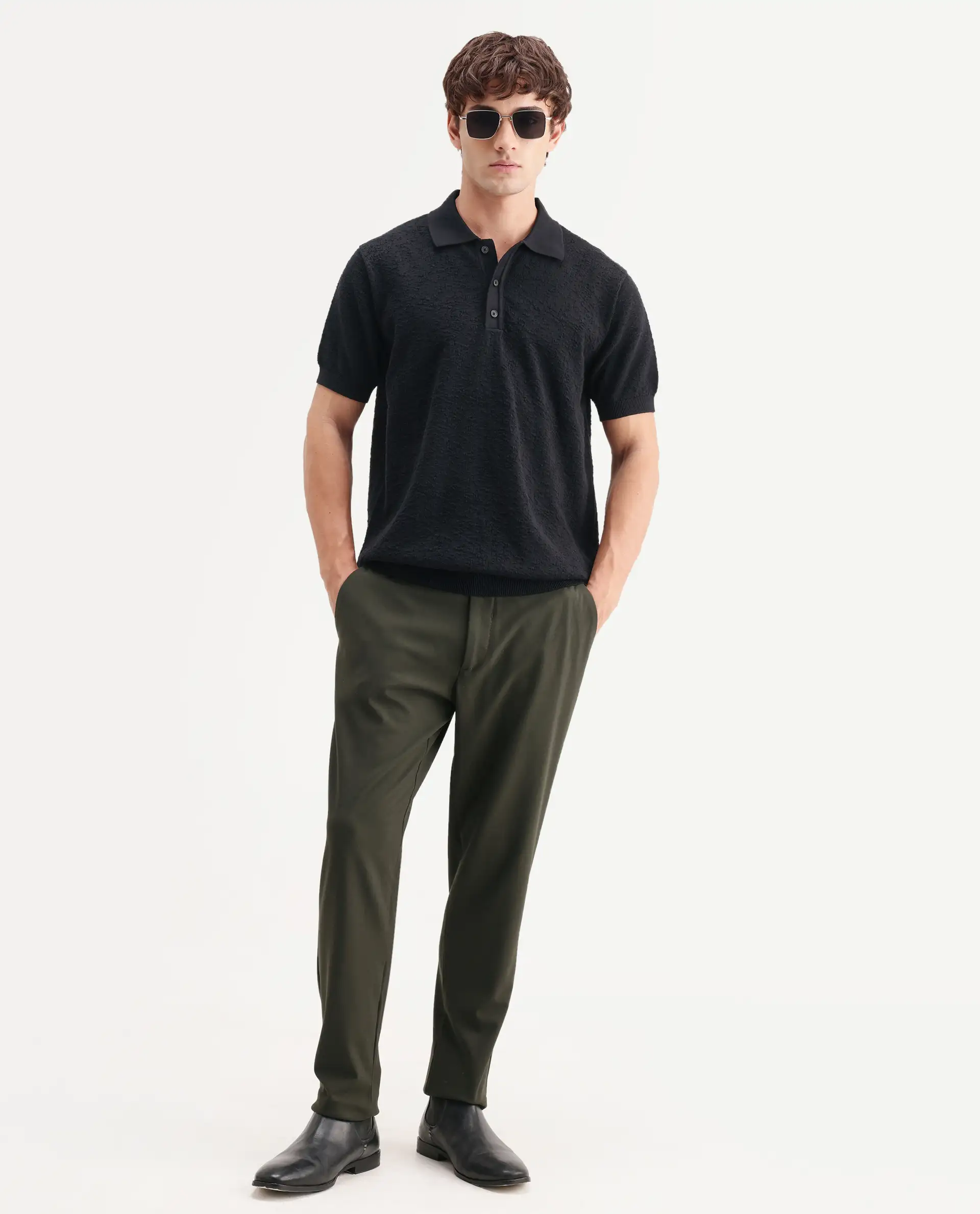 Rare Rabbit Men's Mont Black Cotton Spread Collar Button Closure Regular Fit Textured Polo - Image 2