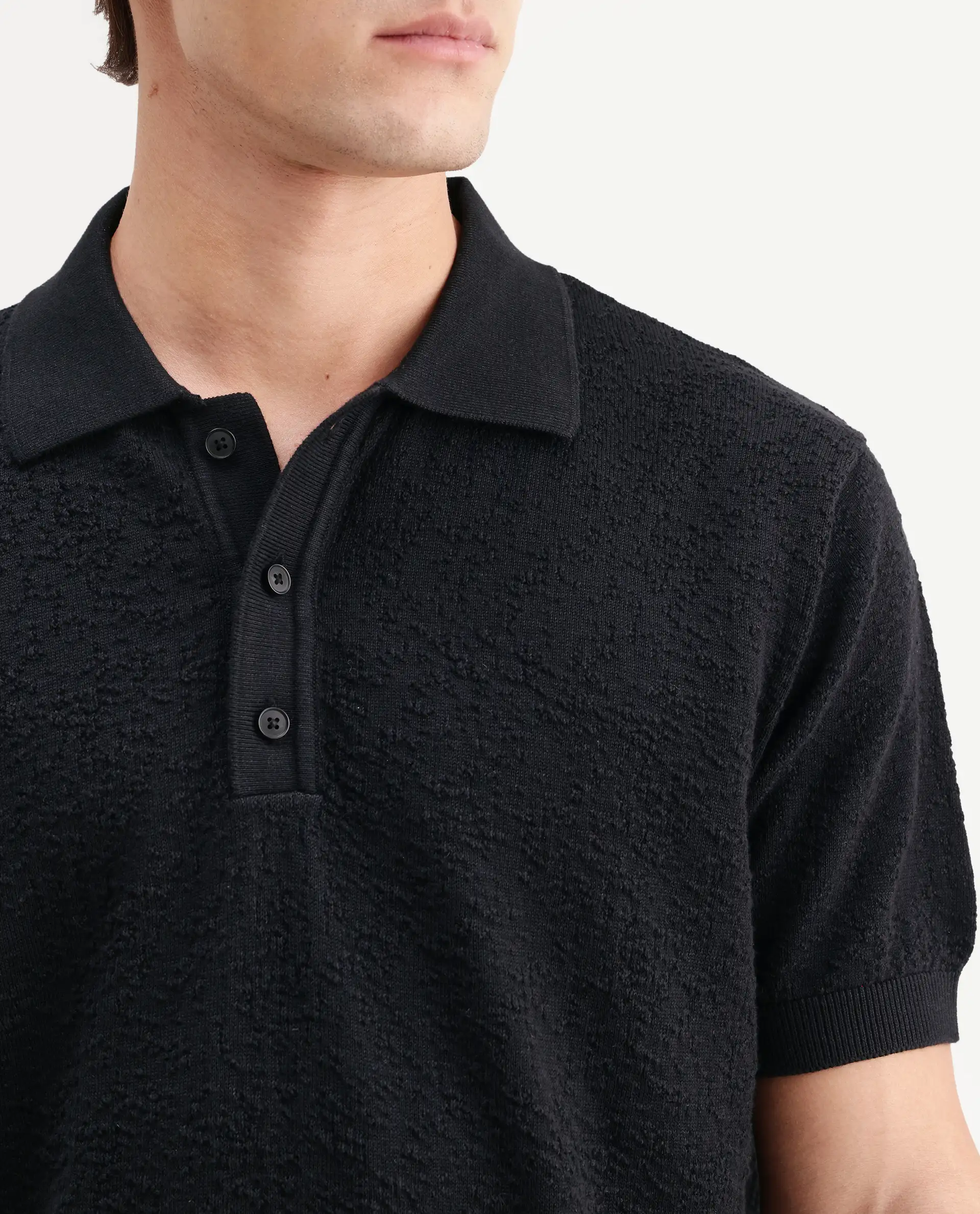 Rare Rabbit Men's Mont Black Cotton Spread Collar Button Closure Regular Fit Textured Polo - Image 3