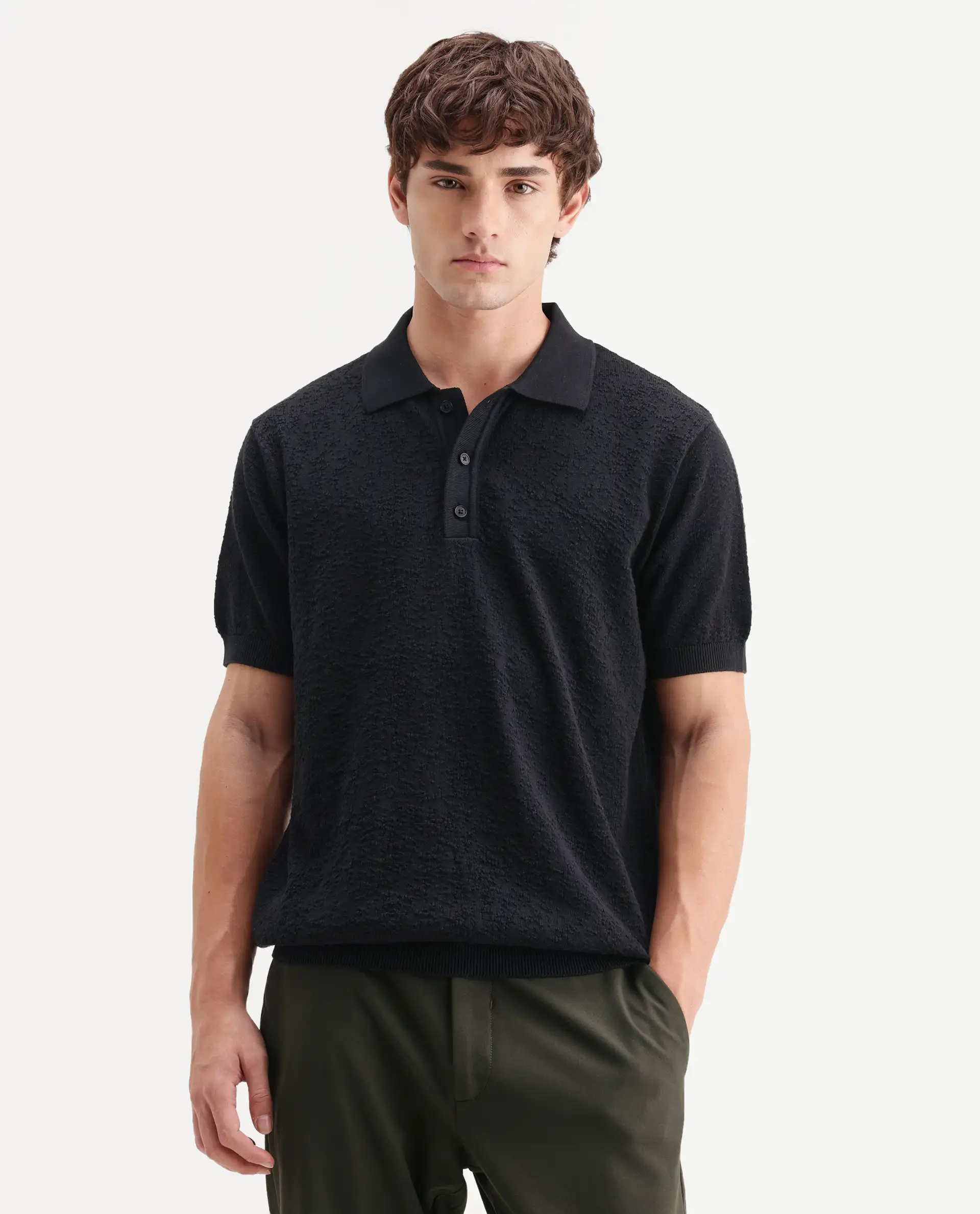 Rare Rabbit Men's Mont Black Cotton Spread Collar Button Closure Regular Fit Textured Polo - Image 4