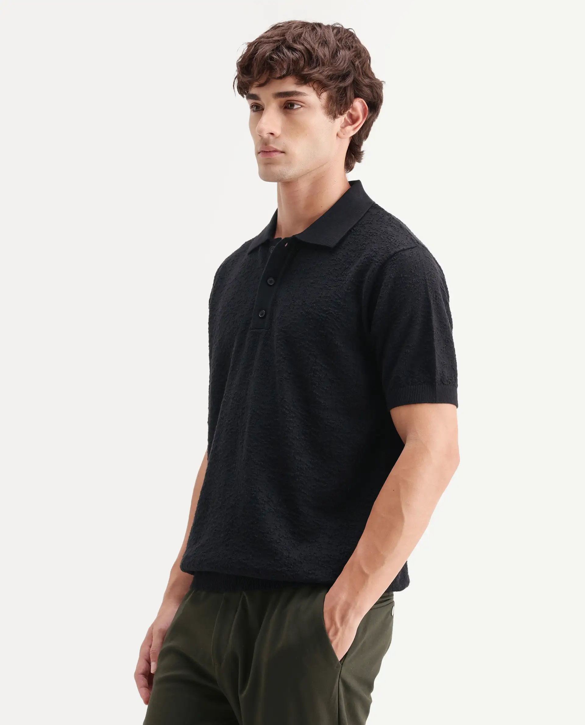 Rare Rabbit Men's Mont Black Cotton Spread Collar Button Closure Regular Fit Textured Polo - Image 5