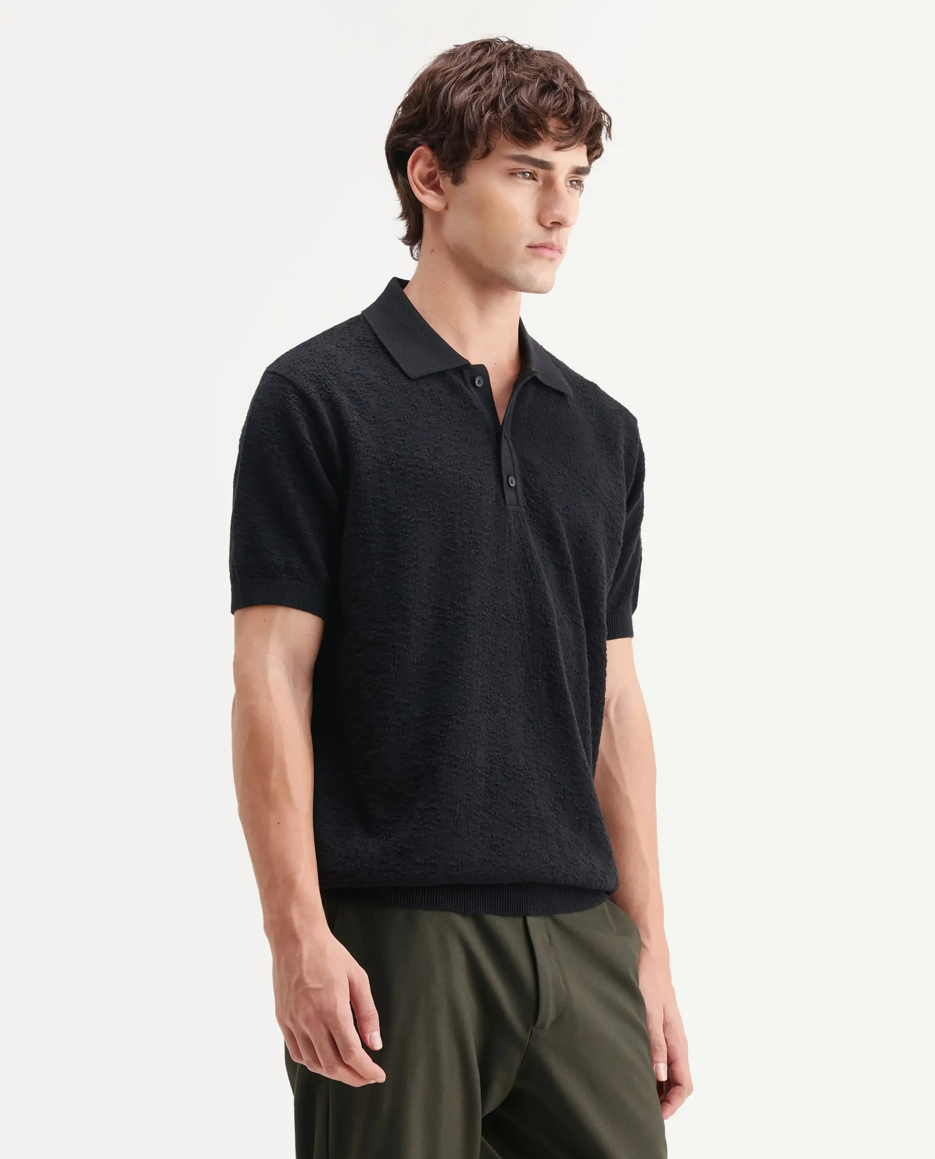 Rare Rabbit Men's Mont Black Cotton Spread Collar Button Closure Regular Fit Textured Polo - Image 6