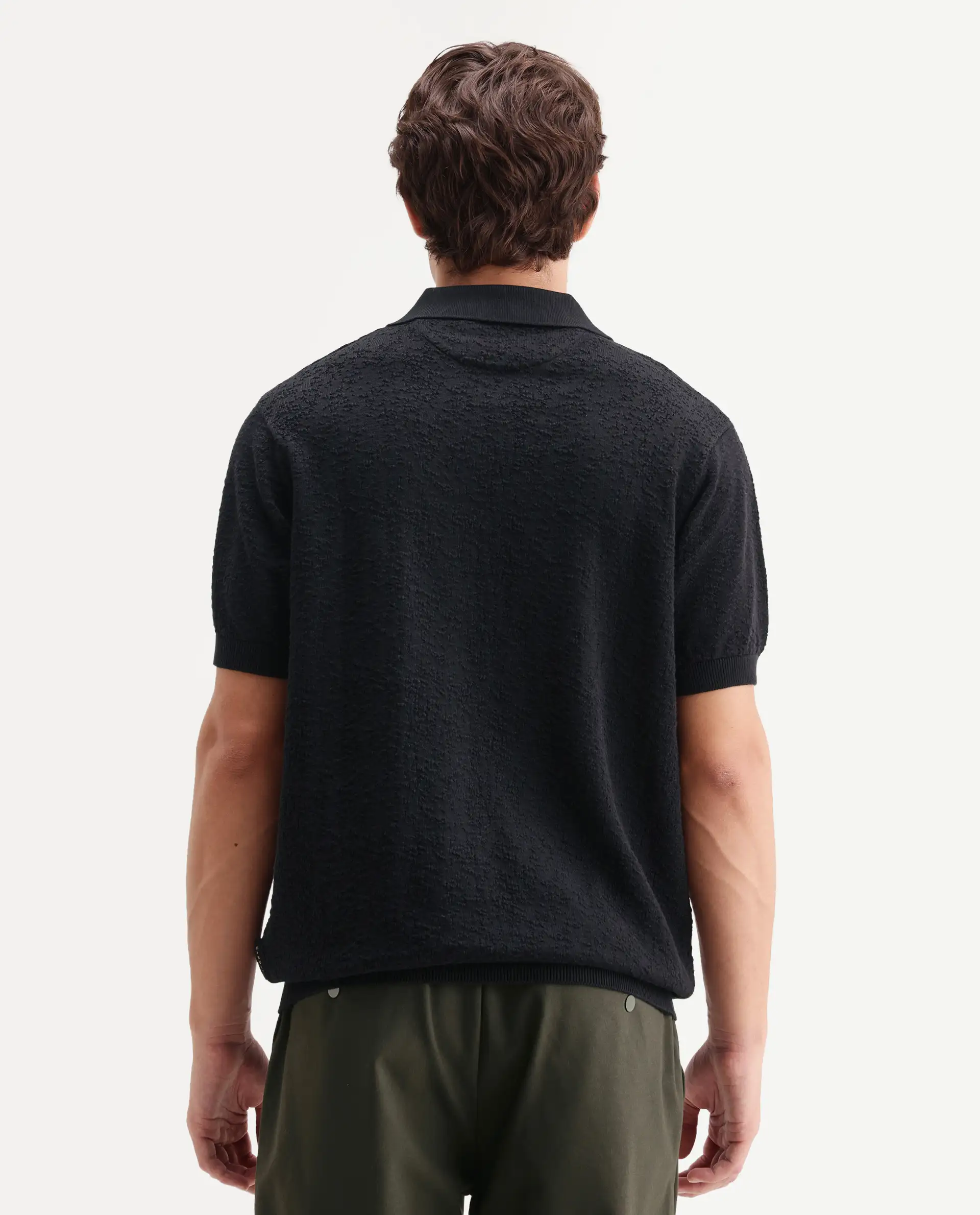 Rare Rabbit Men's Mont Black Cotton Spread Collar Button Closure Regular Fit Textured Polo - Image 7