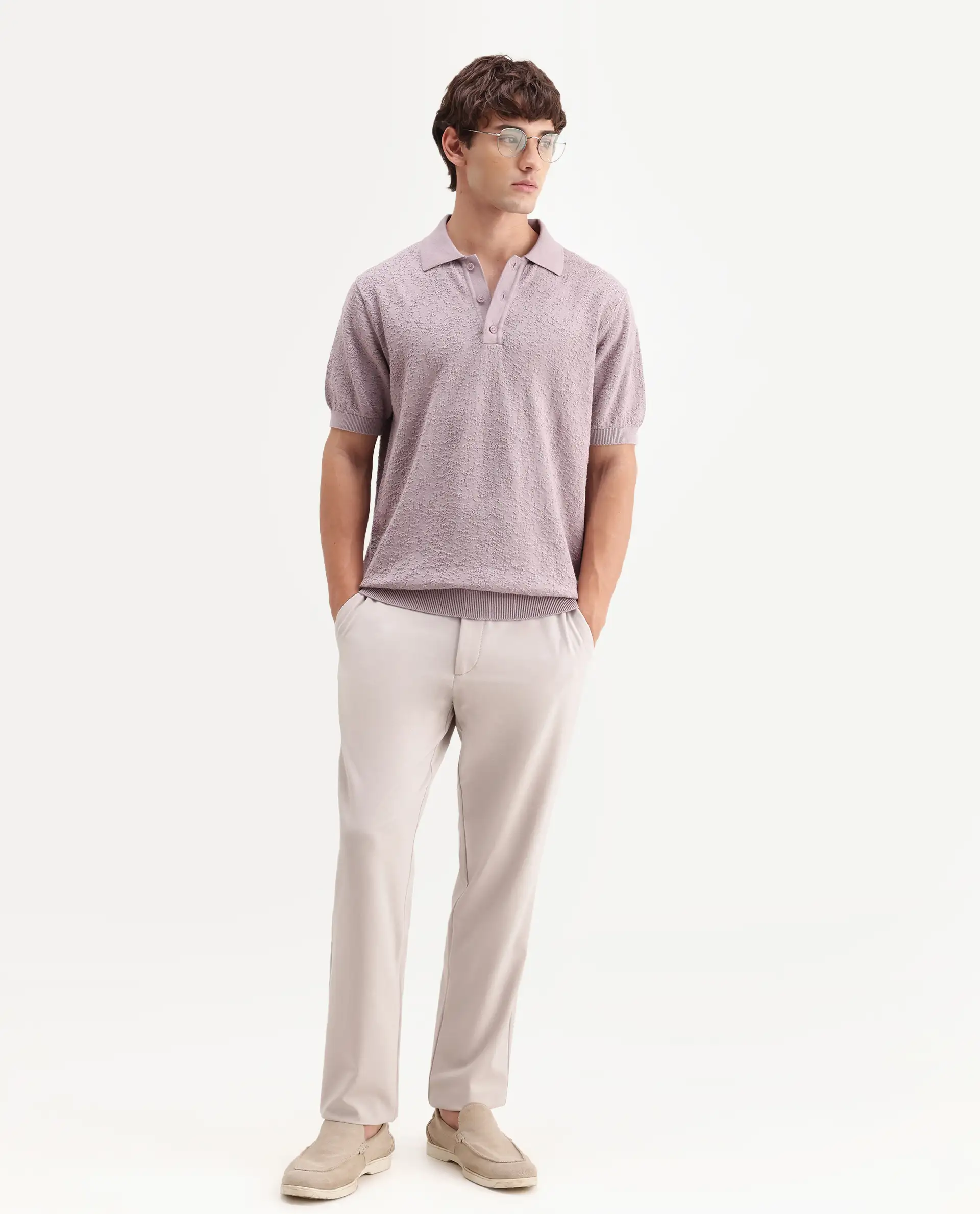 Rare Rabbit Men's Mont Dusky Purple Cotton Spread Collar Button Closure Regular Fit Textured Polo - Image 2