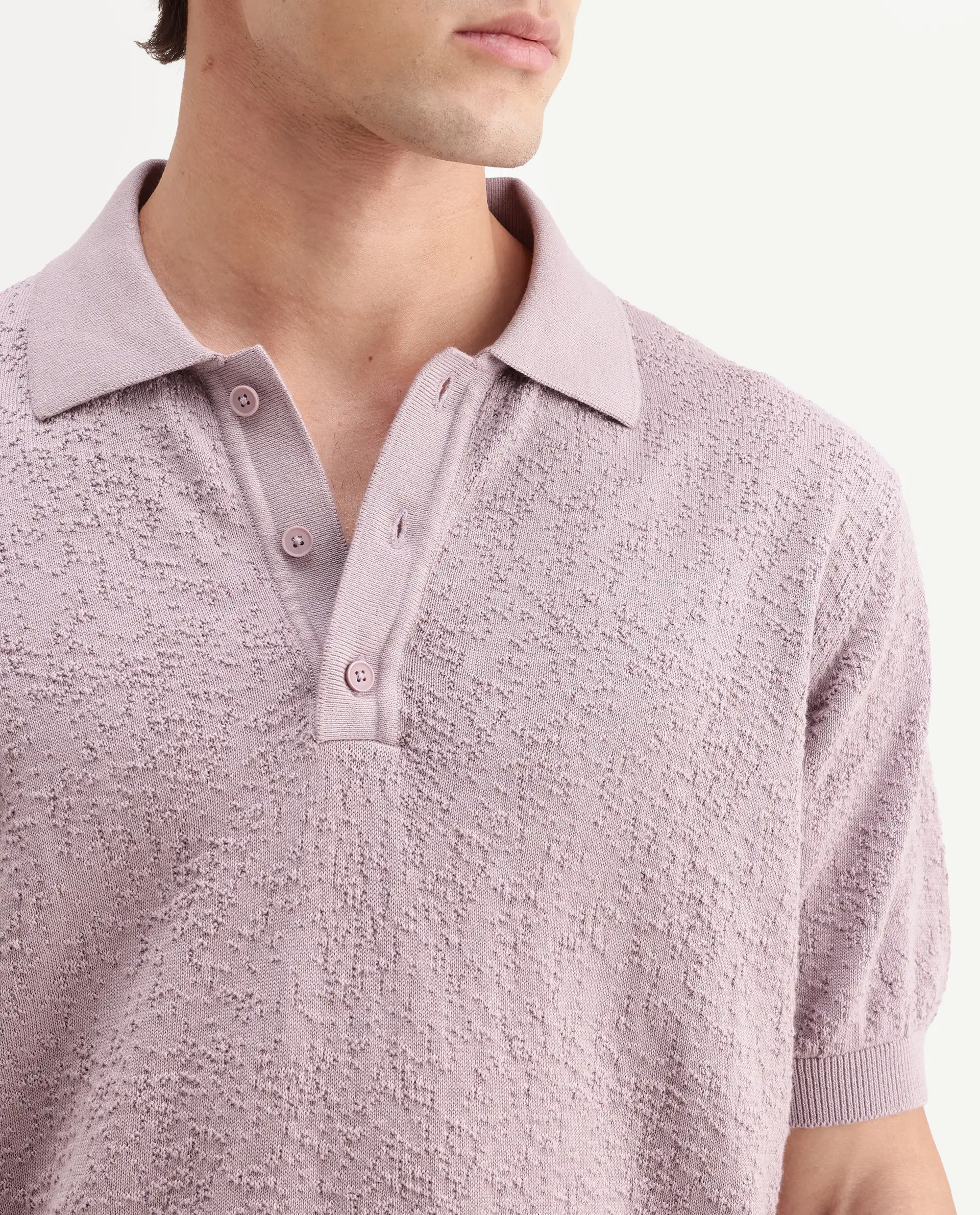 Rare Rabbit Men's Mont Dusky Purple Cotton Spread Collar Button Closure Regular Fit Textured Polo - Image 3