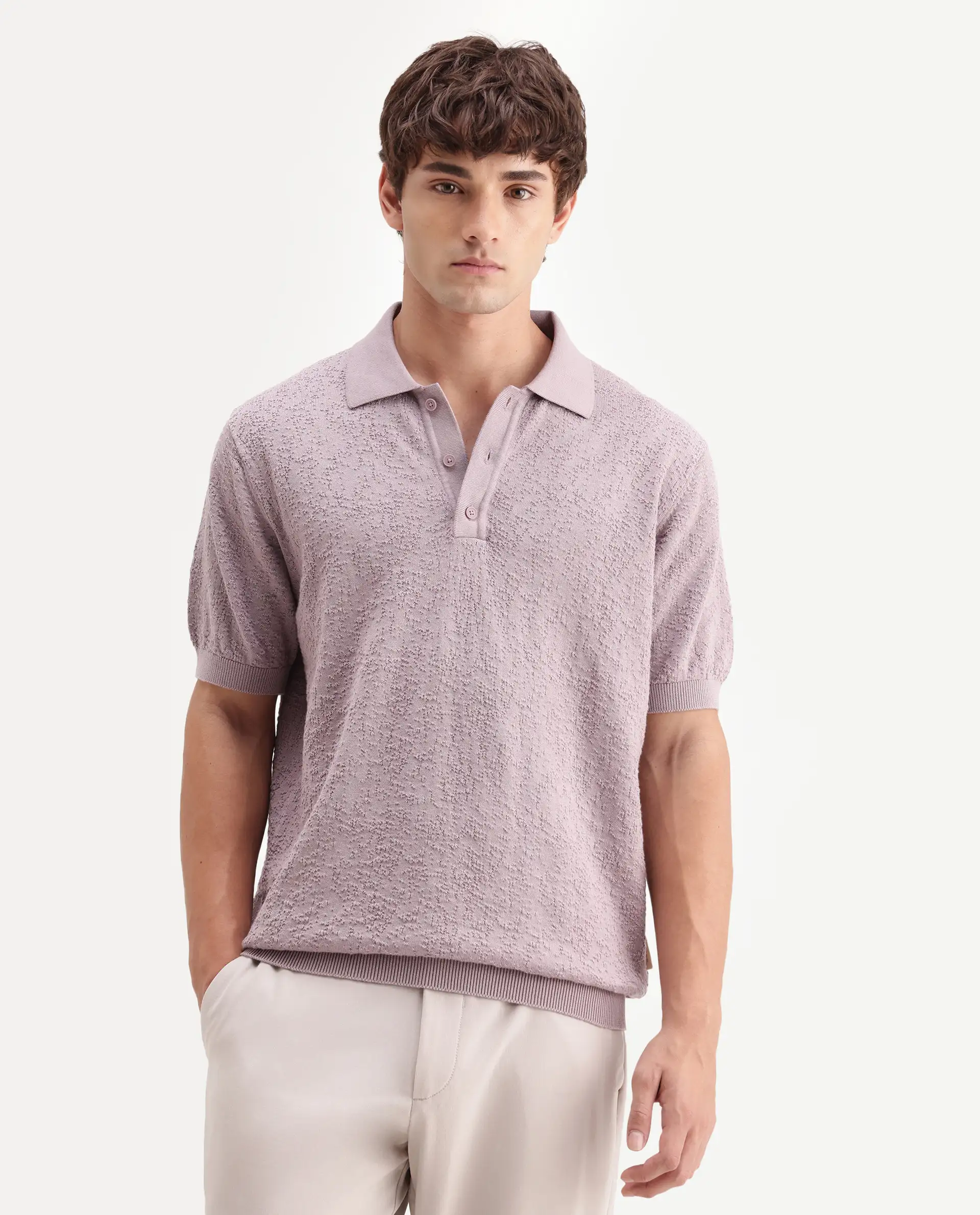 Rare Rabbit Men's Mont Dusky Purple Cotton Spread Collar Button Closure Regular Fit Textured Polo - Image 4