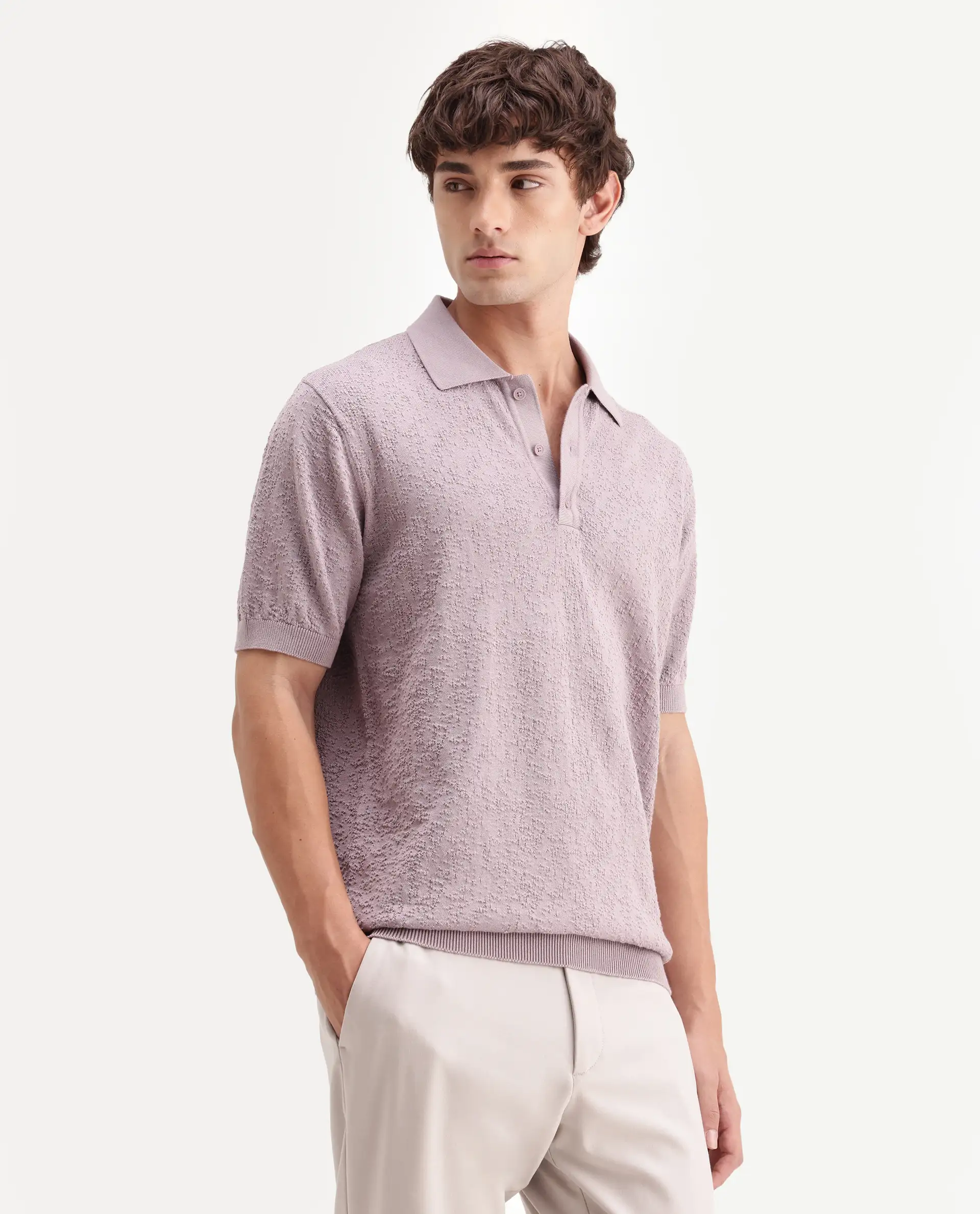 Rare Rabbit Men's Mont Dusky Purple Cotton Spread Collar Button Closure Regular Fit Textured Polo - Image 5