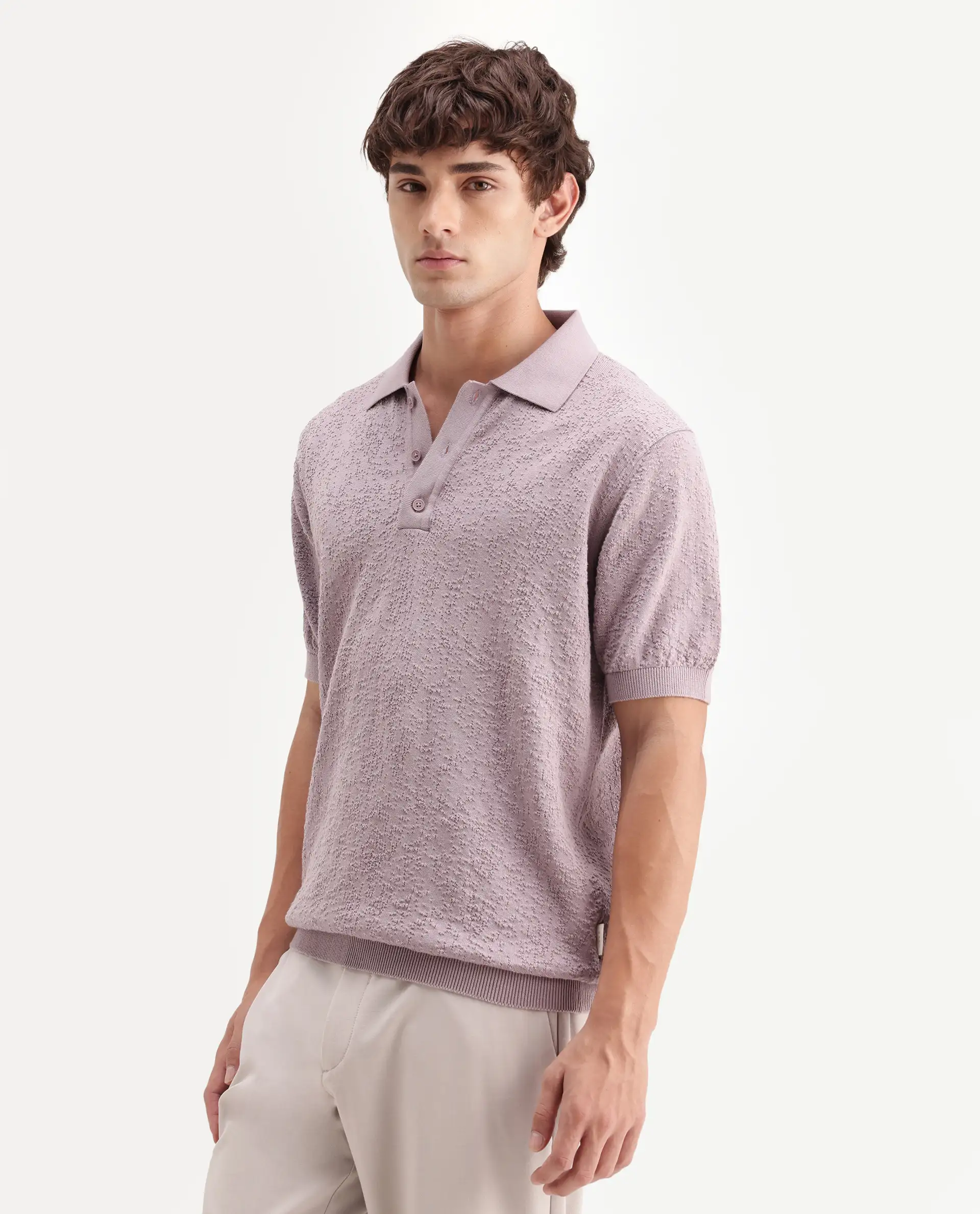 Rare Rabbit Men's Mont Dusky Purple Cotton Spread Collar Button Closure Regular Fit Textured Polo - Image 6
