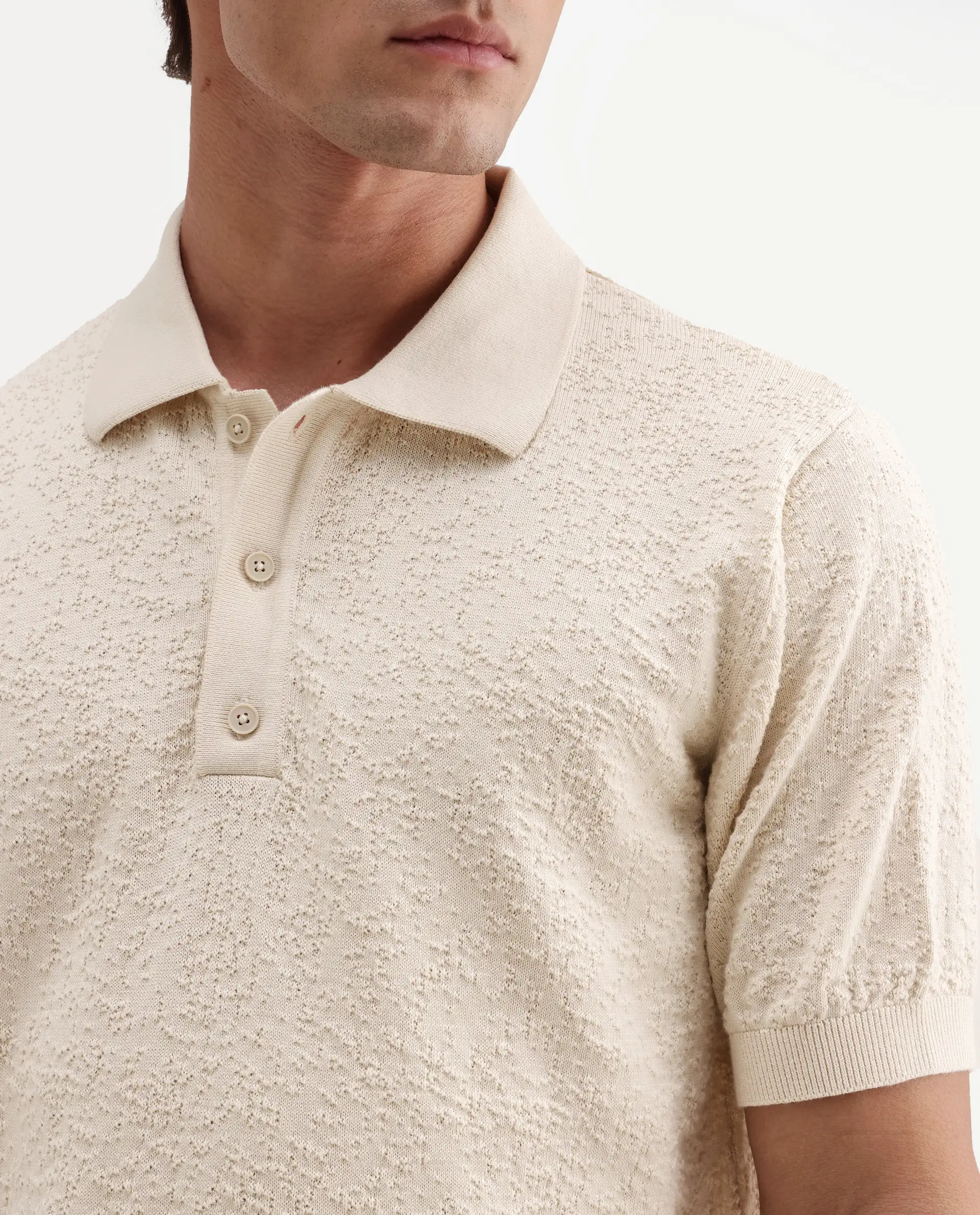 Rare Rabbit Men's Mont Off White Cotton Spread Collar Button Closure Regular Fit Textured Polo - Image 3