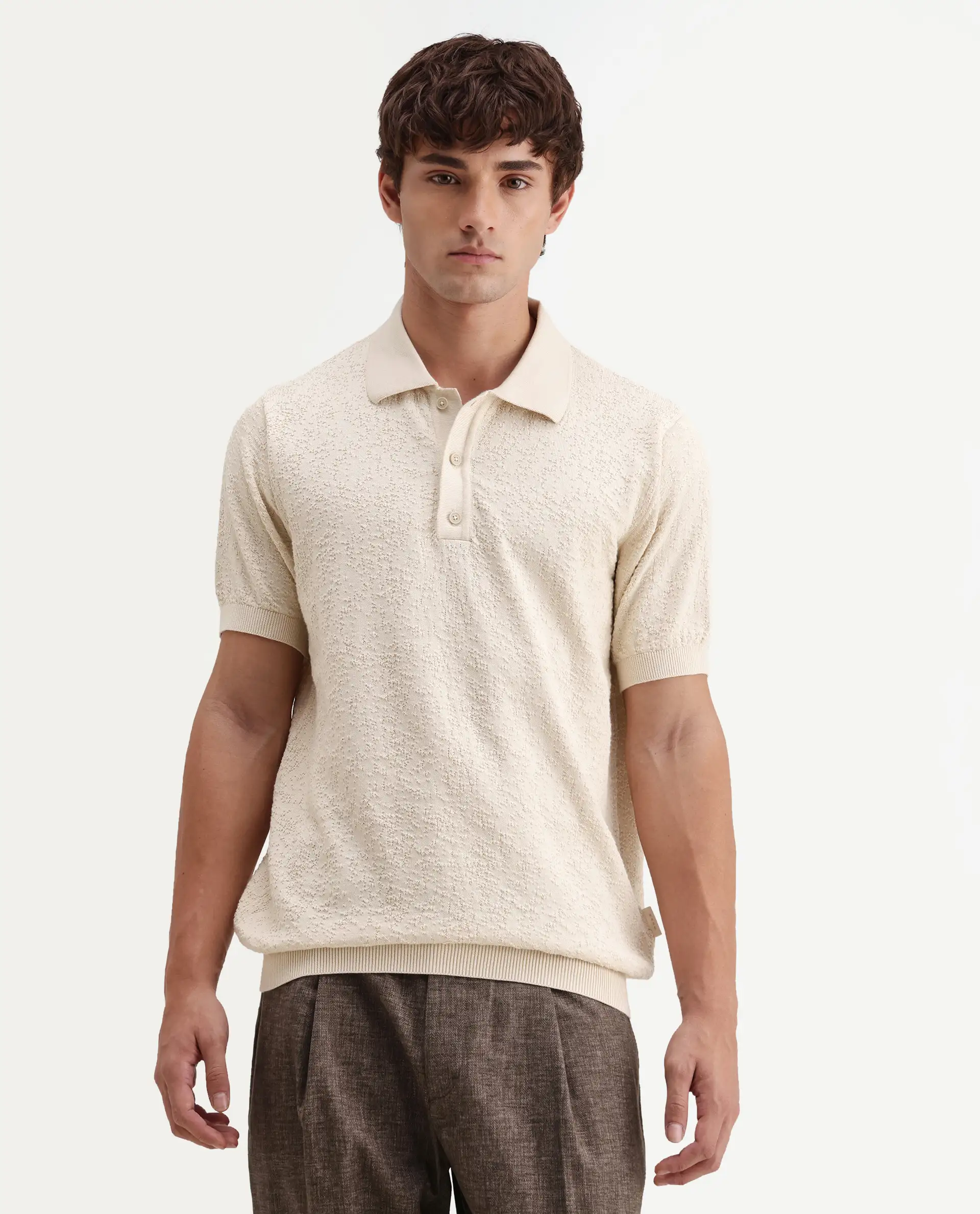 Rare Rabbit Men's Mont Off White Cotton Spread Collar Button Closure Regular Fit Textured Polo - Image 4