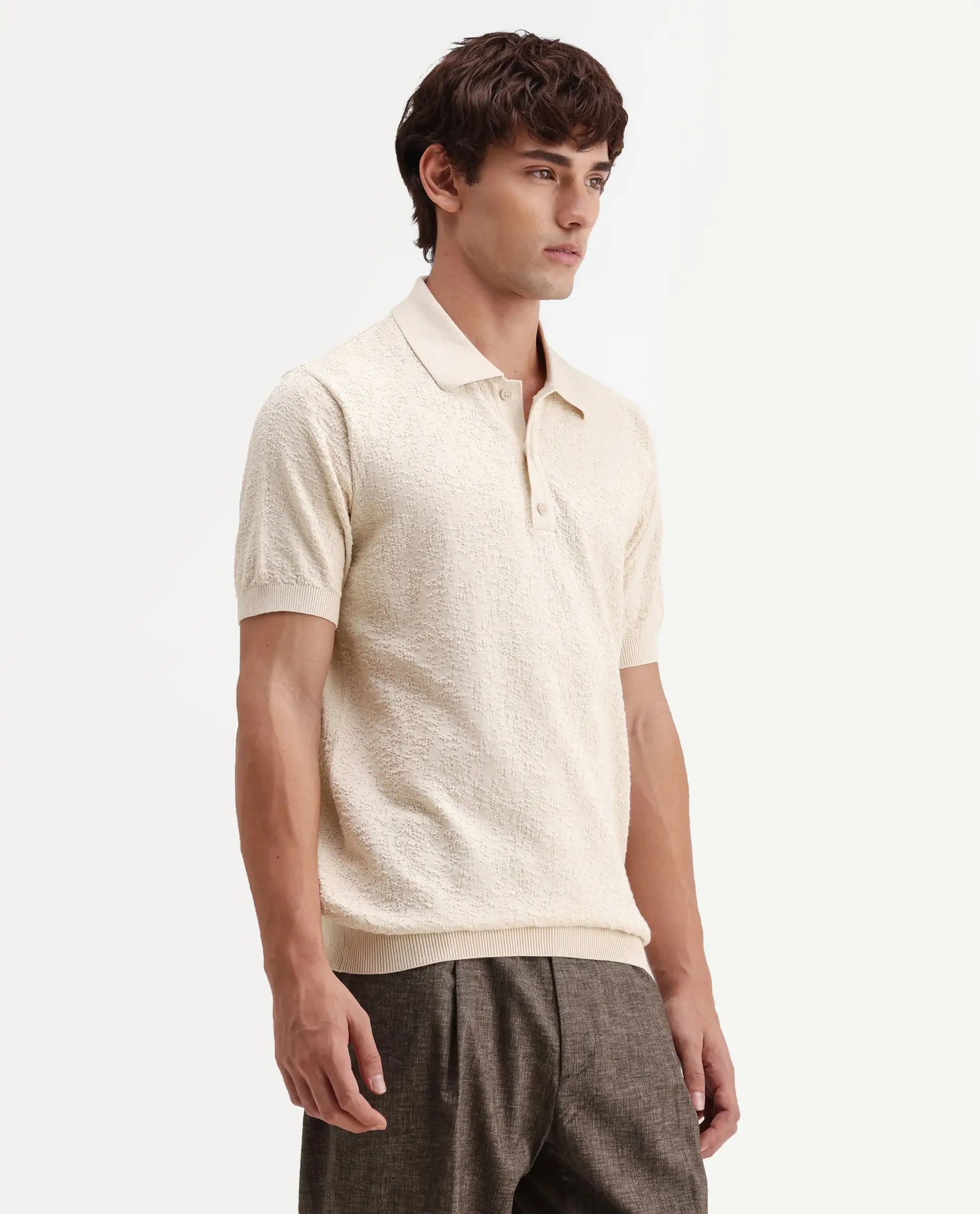 Rare Rabbit Men's Mont Off White Cotton Spread Collar Button Closure Regular Fit Textured Polo - Image 5