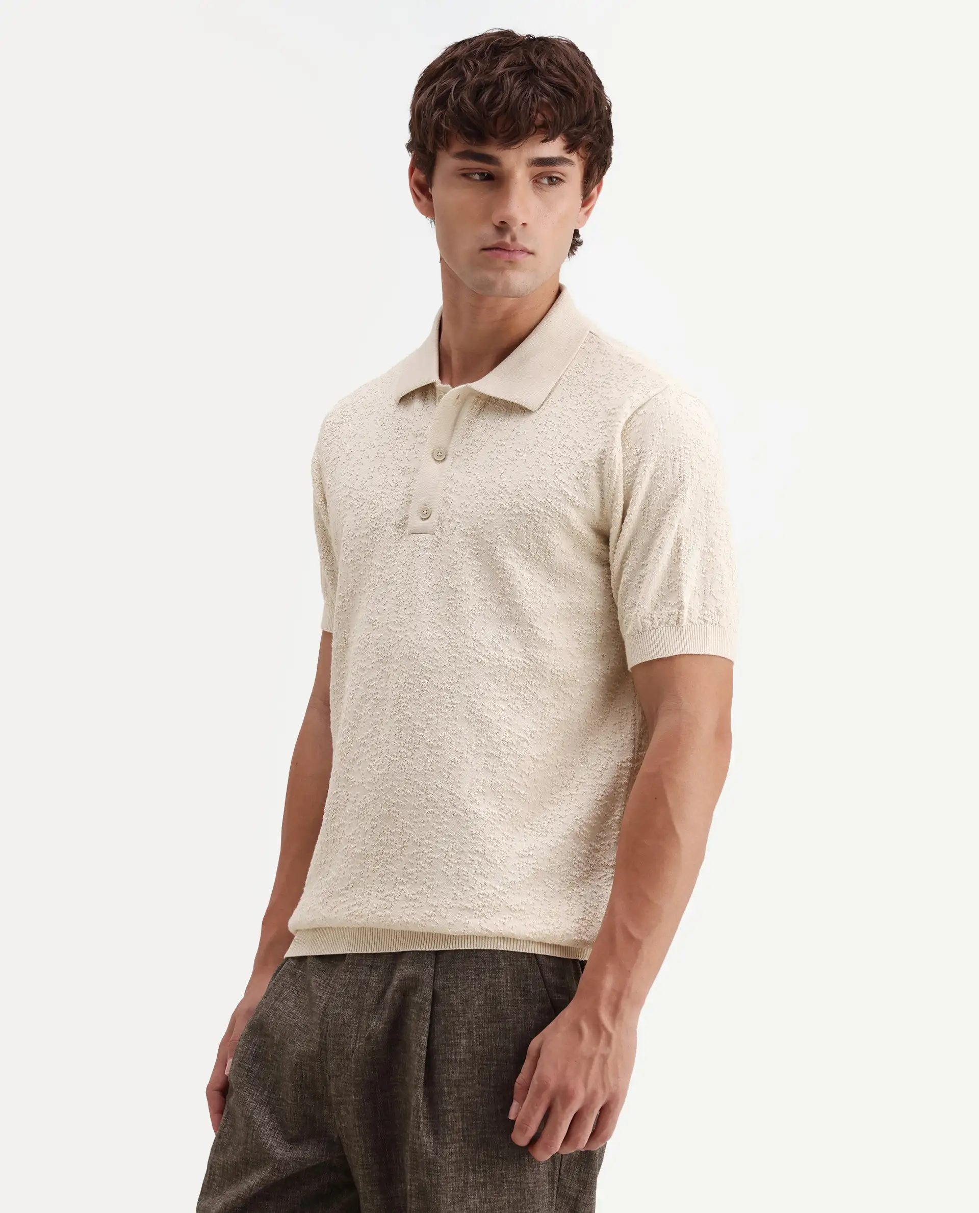 Rare Rabbit Men's Mont Off White Cotton Spread Collar Button Closure Regular Fit Textured Polo - Image 6