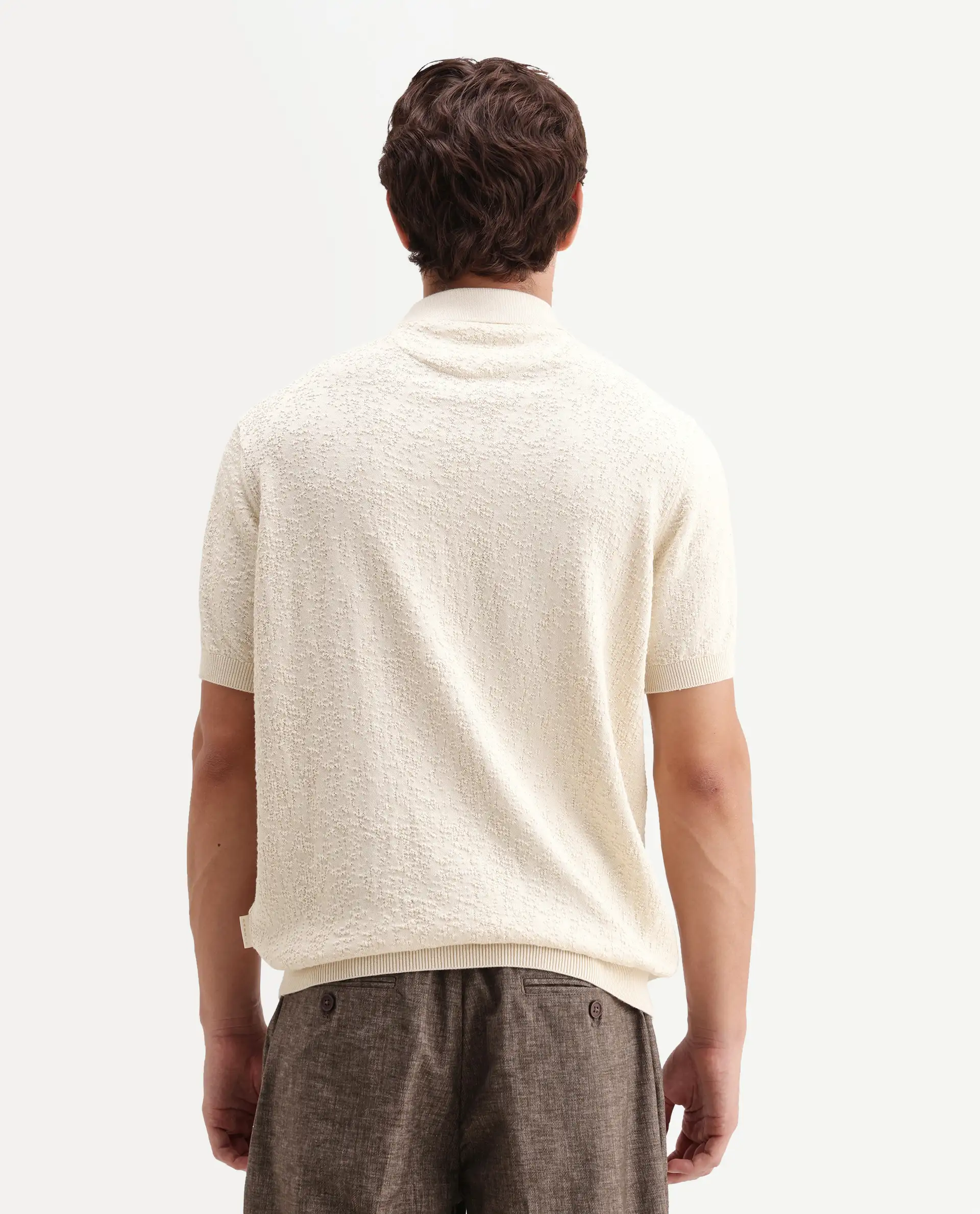 Rare Rabbit Men's Mont Off White Cotton Spread Collar Button Closure Regular Fit Textured Polo - Image 7