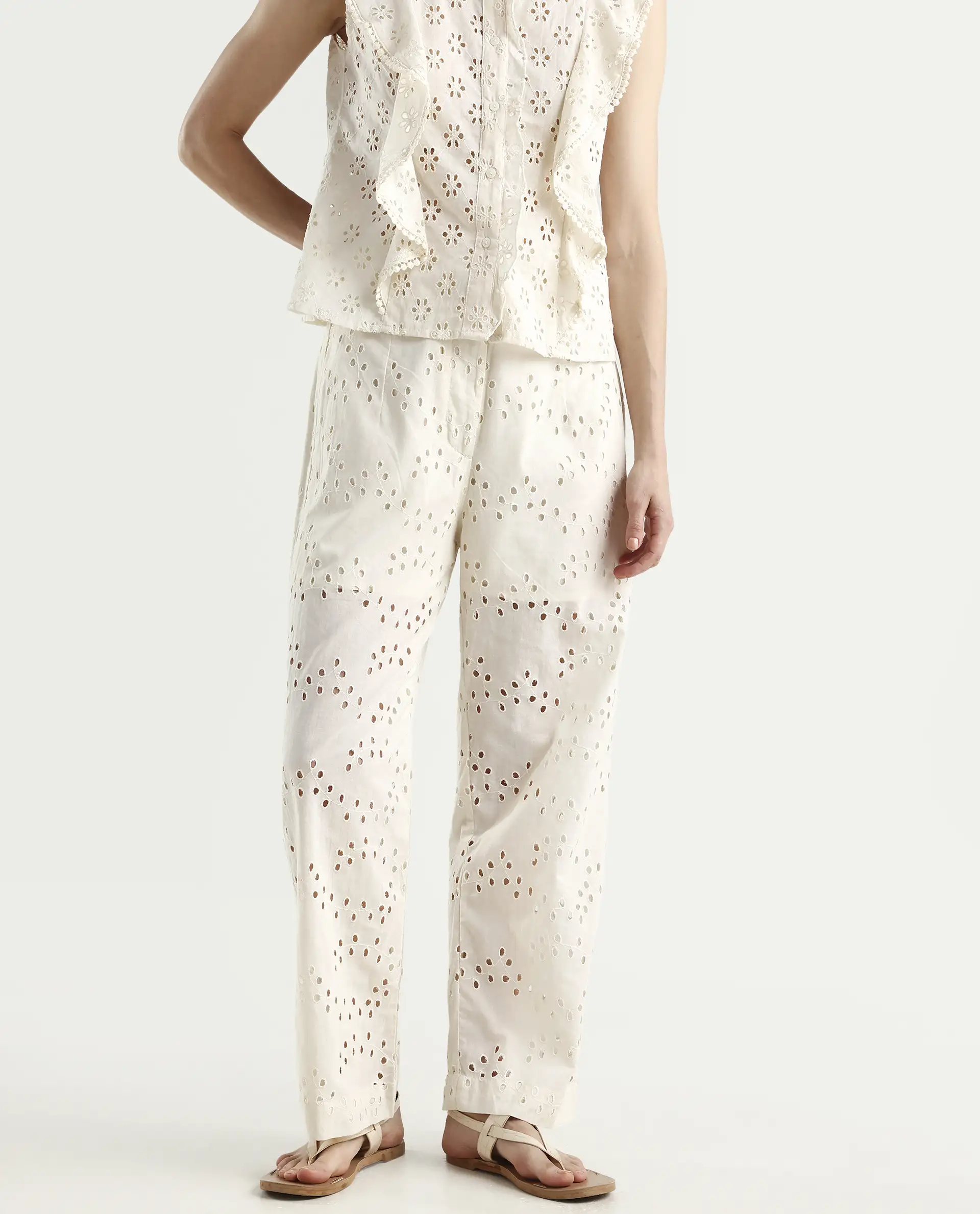 Rareism Women's Montana-B Light Off White Cotton Plain Regular Fit Trouser - Image 2