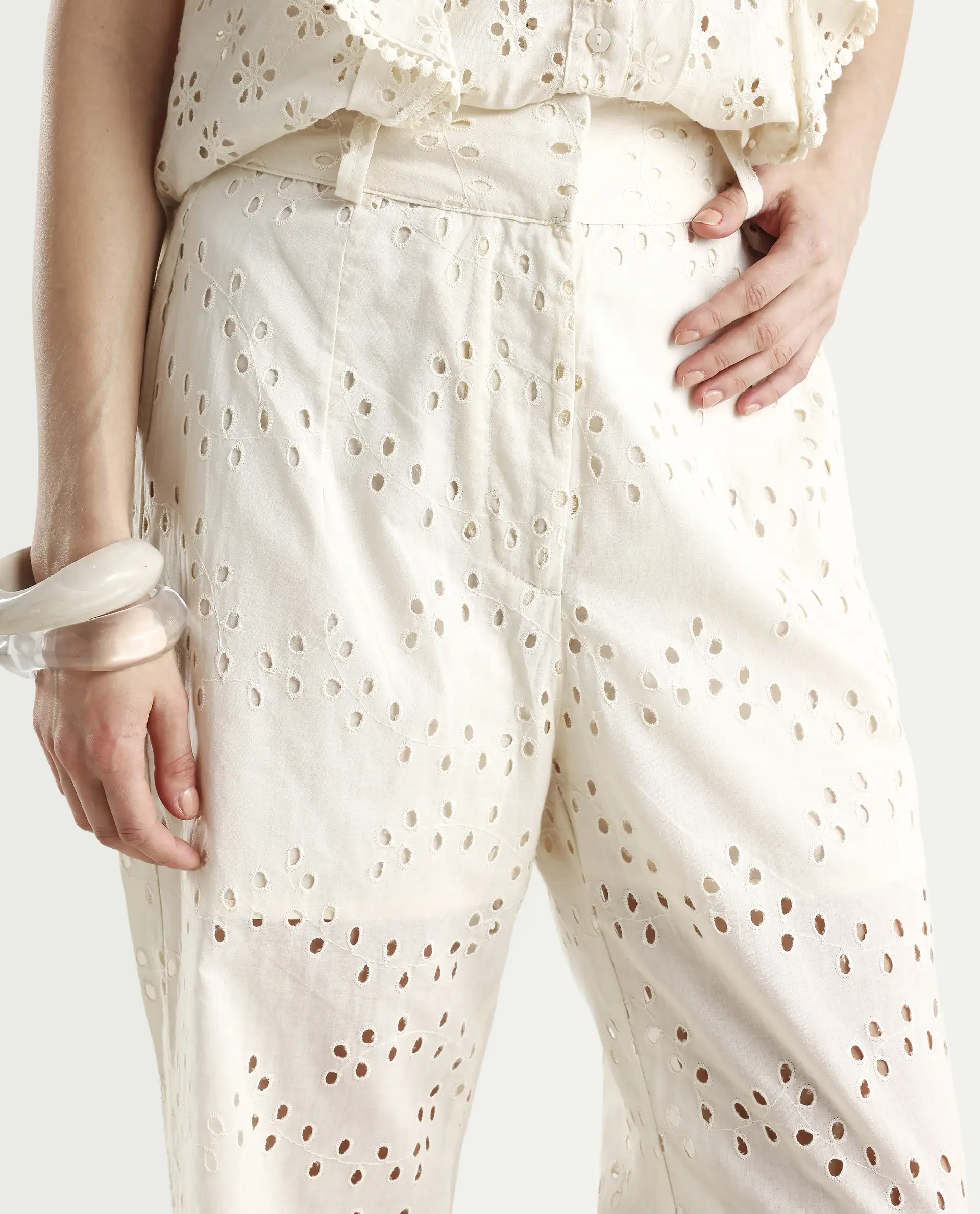 Rareism Women's Montana-B Light Off White Cotton Plain Regular Fit Trouser - Image 4